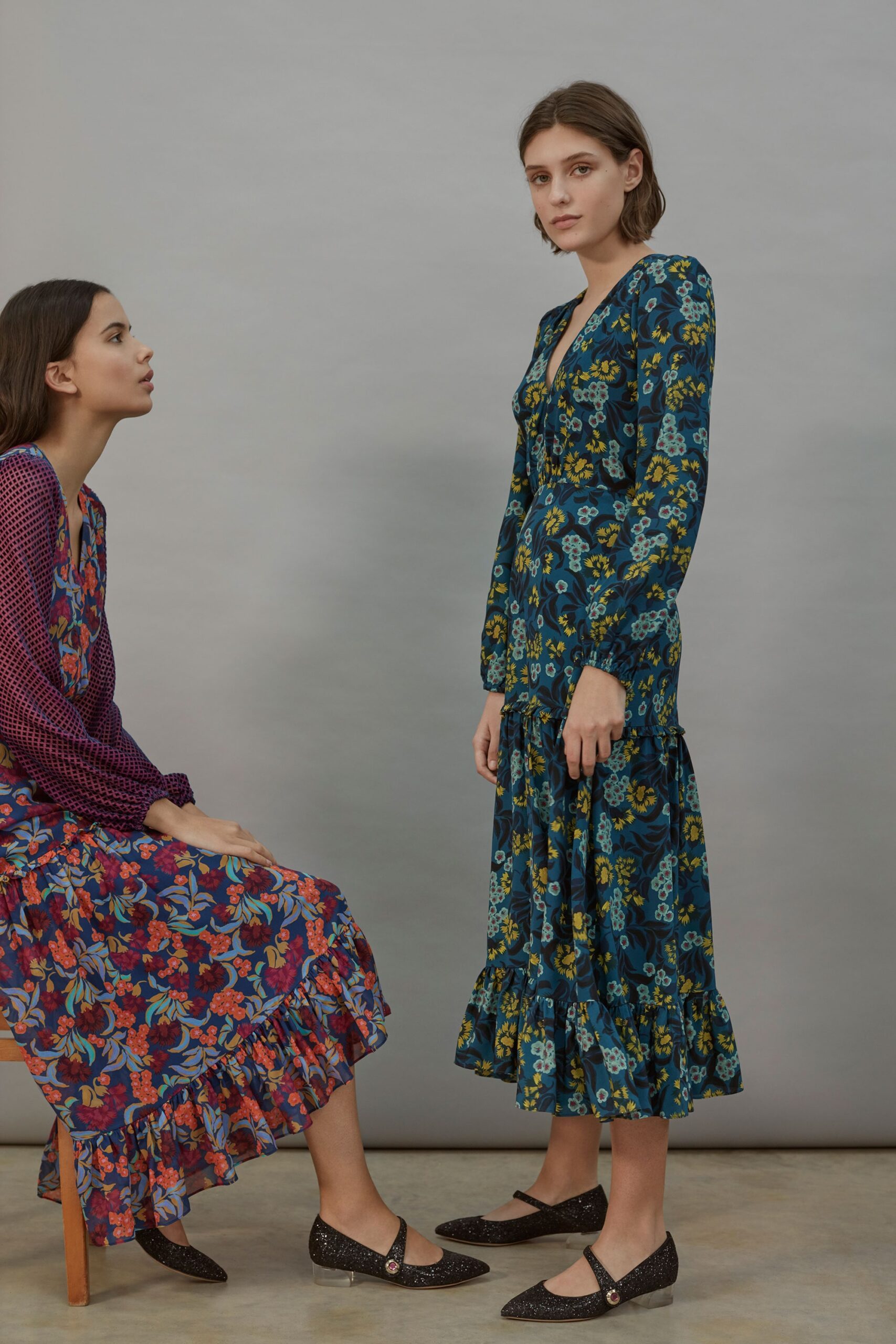 blue floral long-sleeve maxi-dress