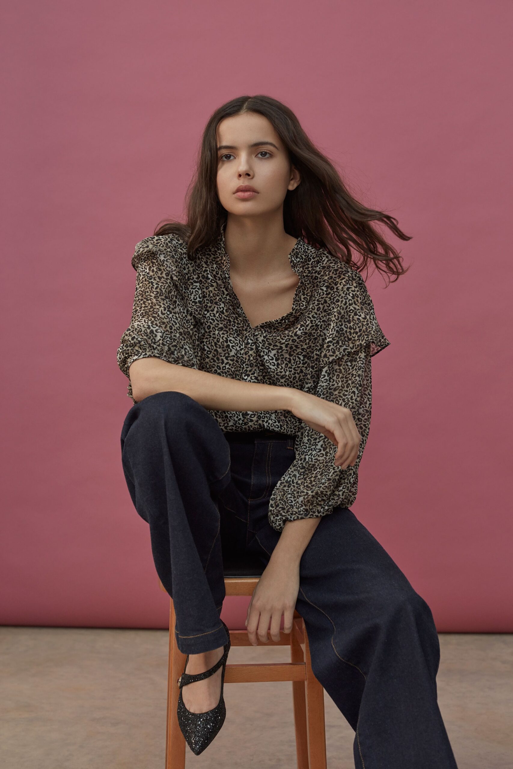 leopard-print chiffon ruffled blouse