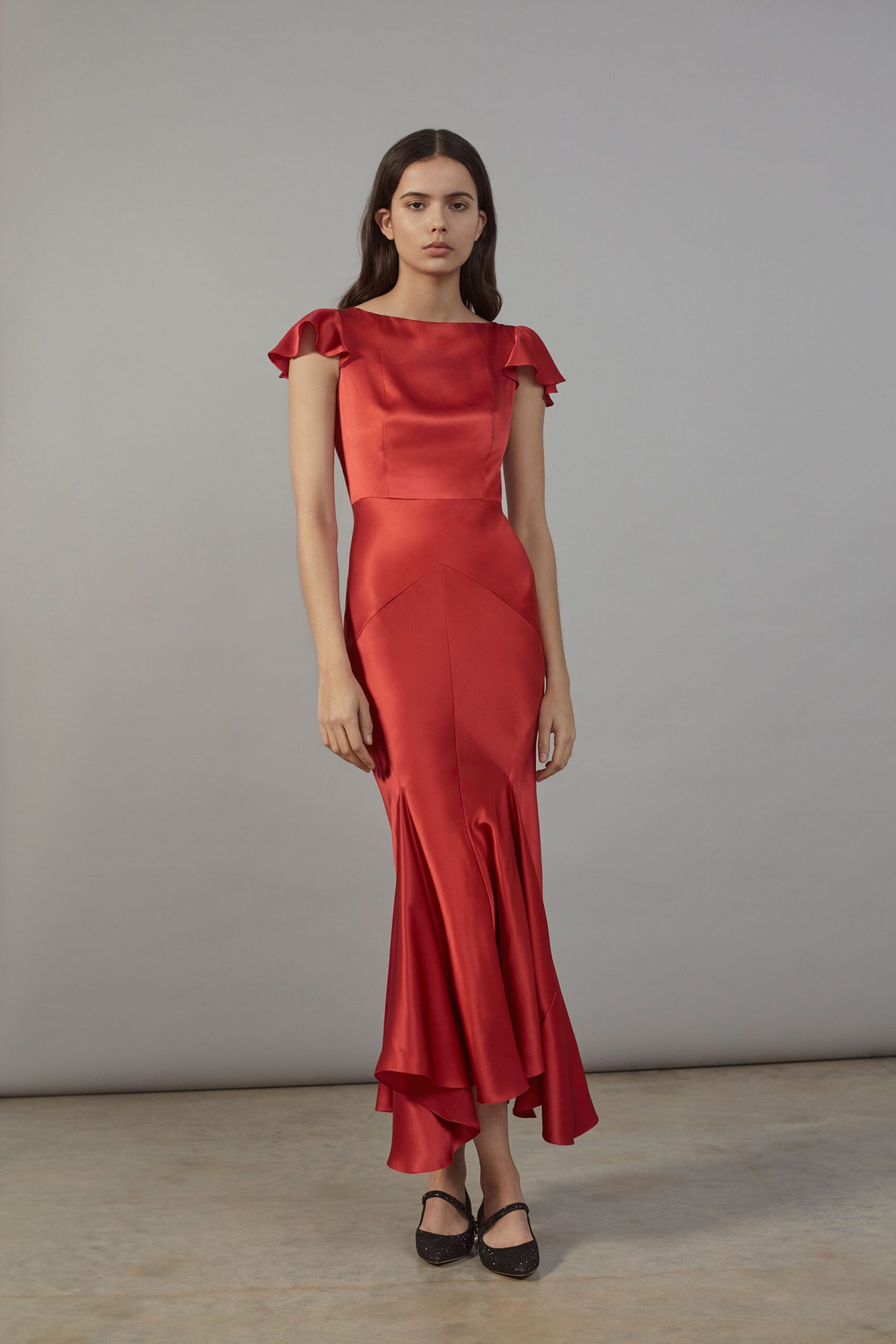 red satin ruffled sleeve gown