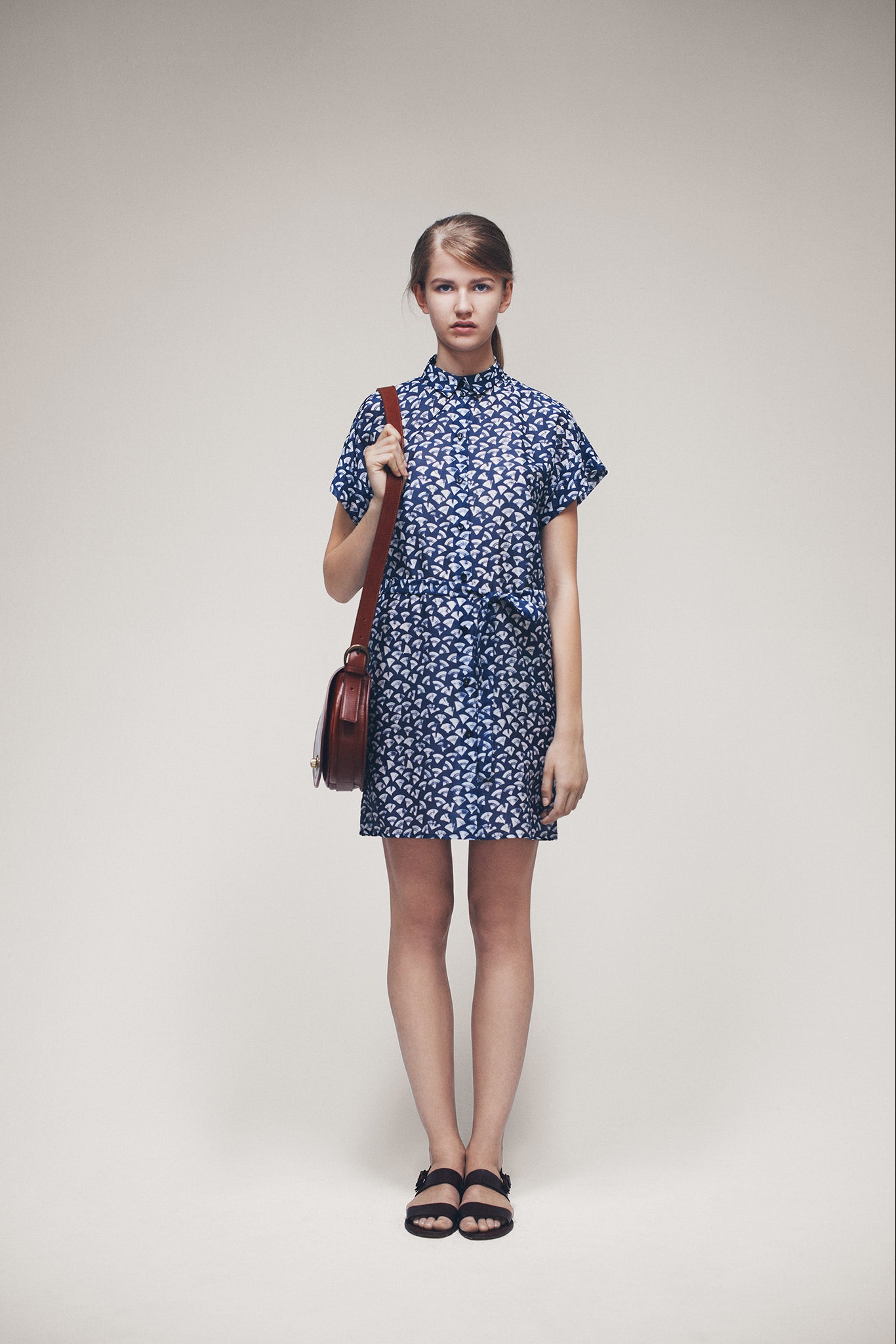 blue unknown short-sleeve collared printed buttoned mini mini-dress