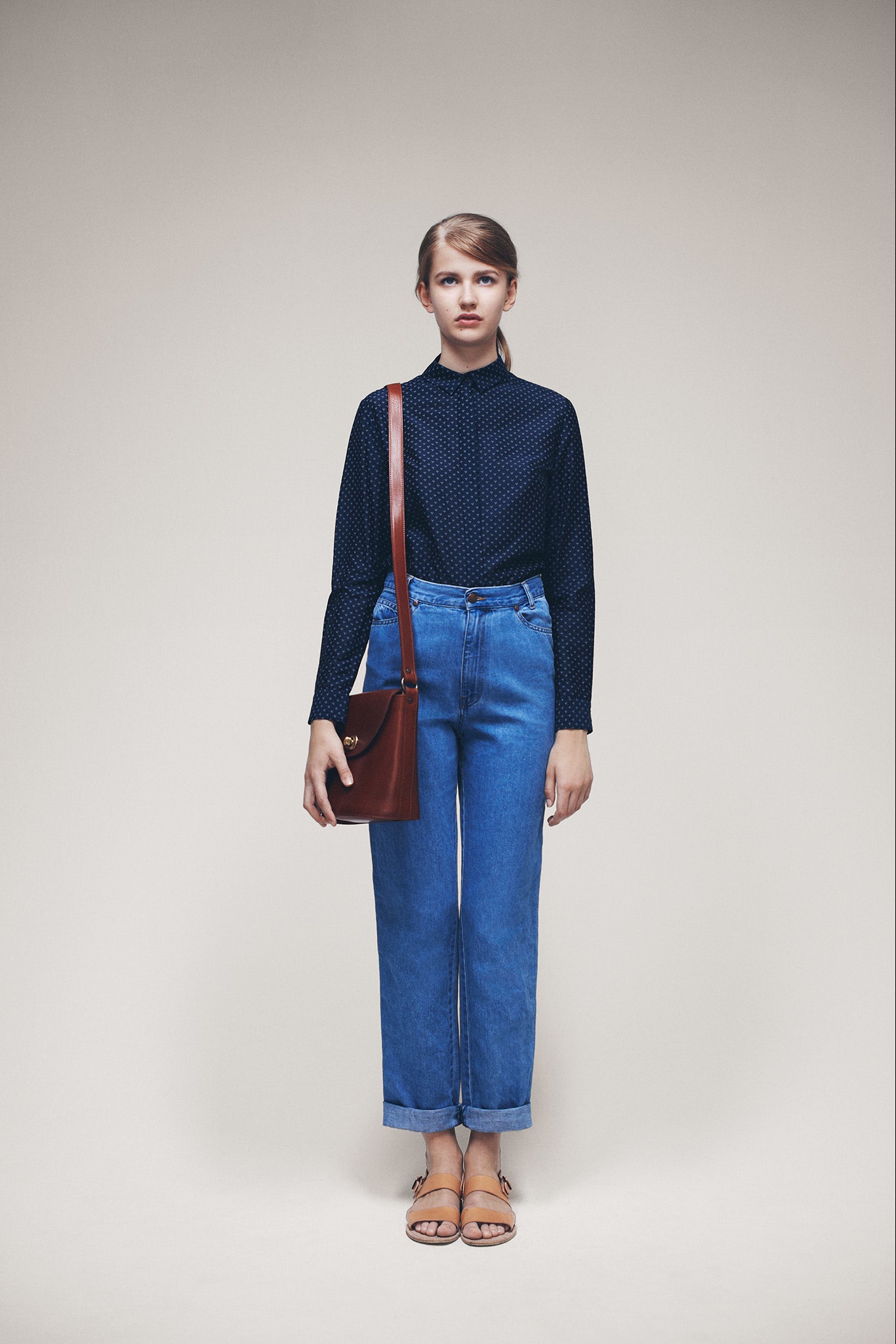 blue denim high-waisted wide-leg cuffed cropped jeans