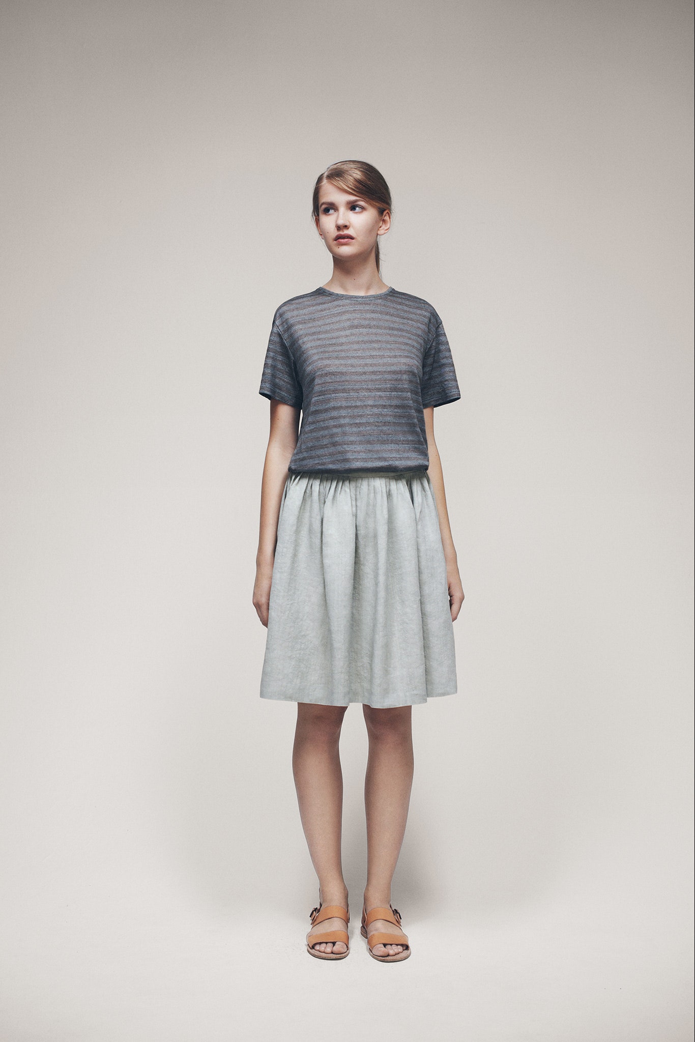 gray knit short-sleeve high-neck relaxed striped textured t-shirt
