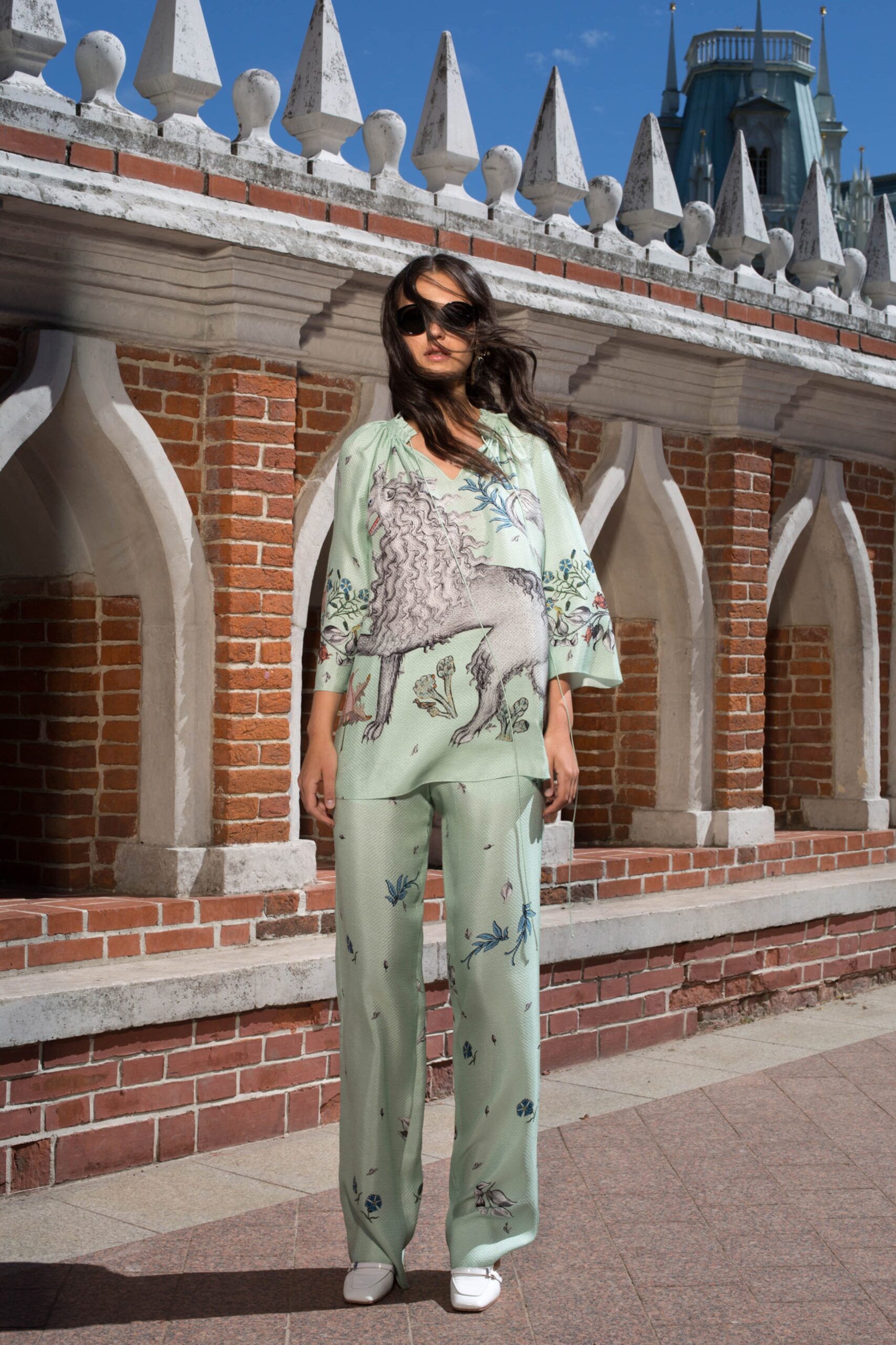 green unknown relaxed printed wide-leg pants