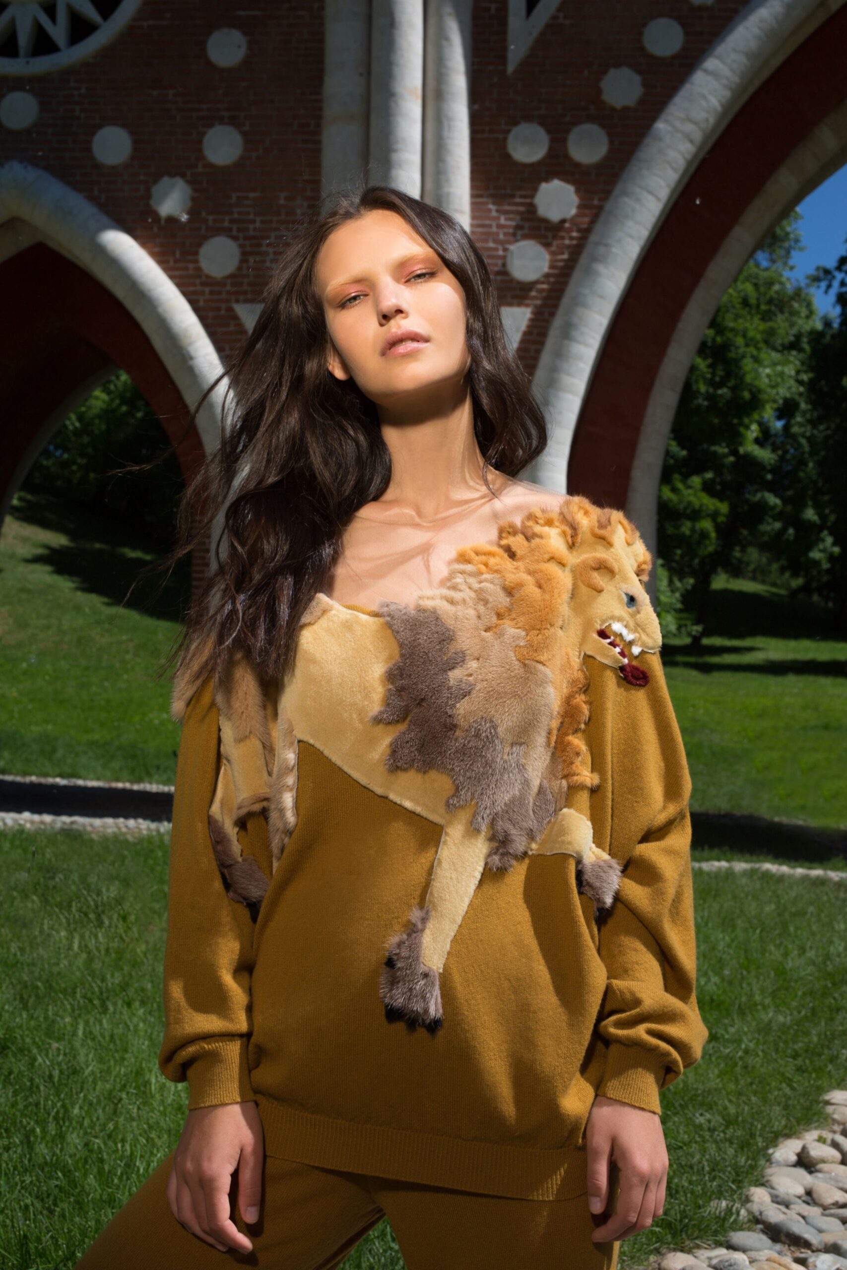 yellow knit long-sleeve off-shoulder oversized animal-print embroidered sweater
