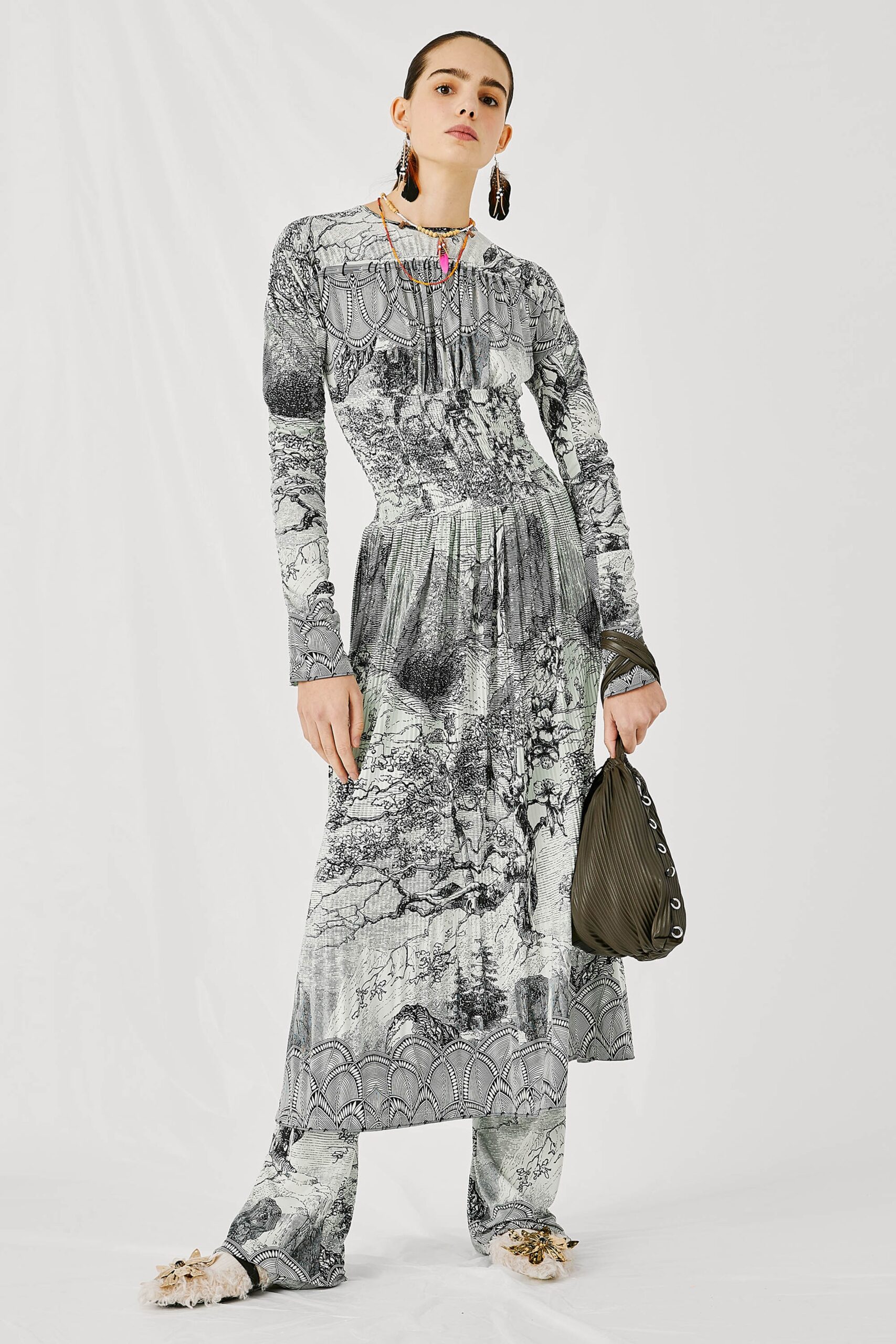 printed ruched long-sleeve maxi dress
