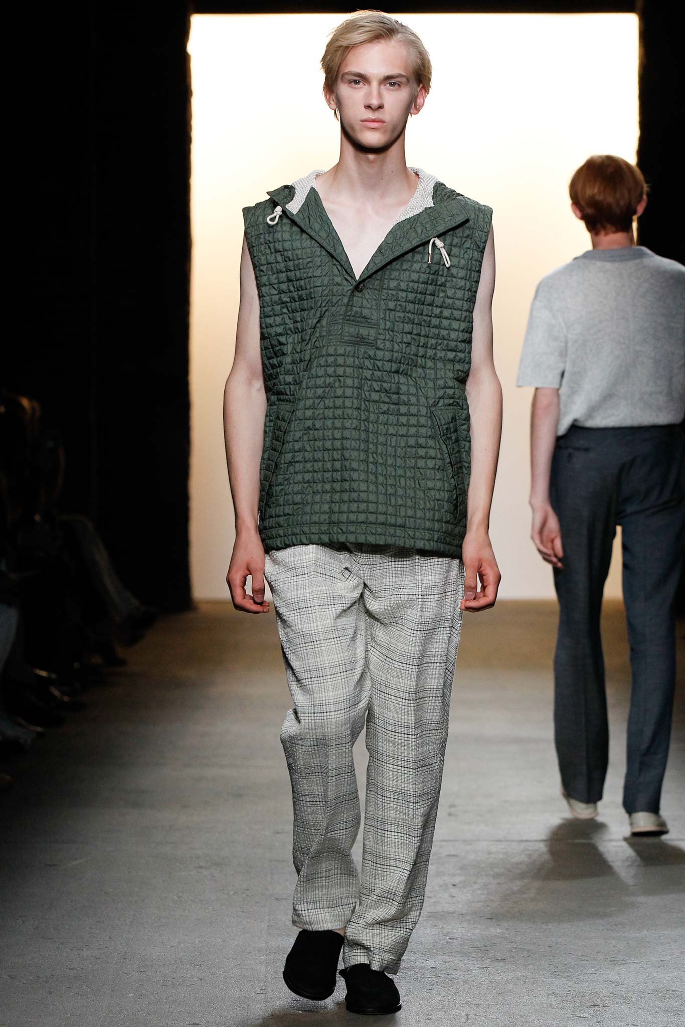 green quilted sleeveless hoodie