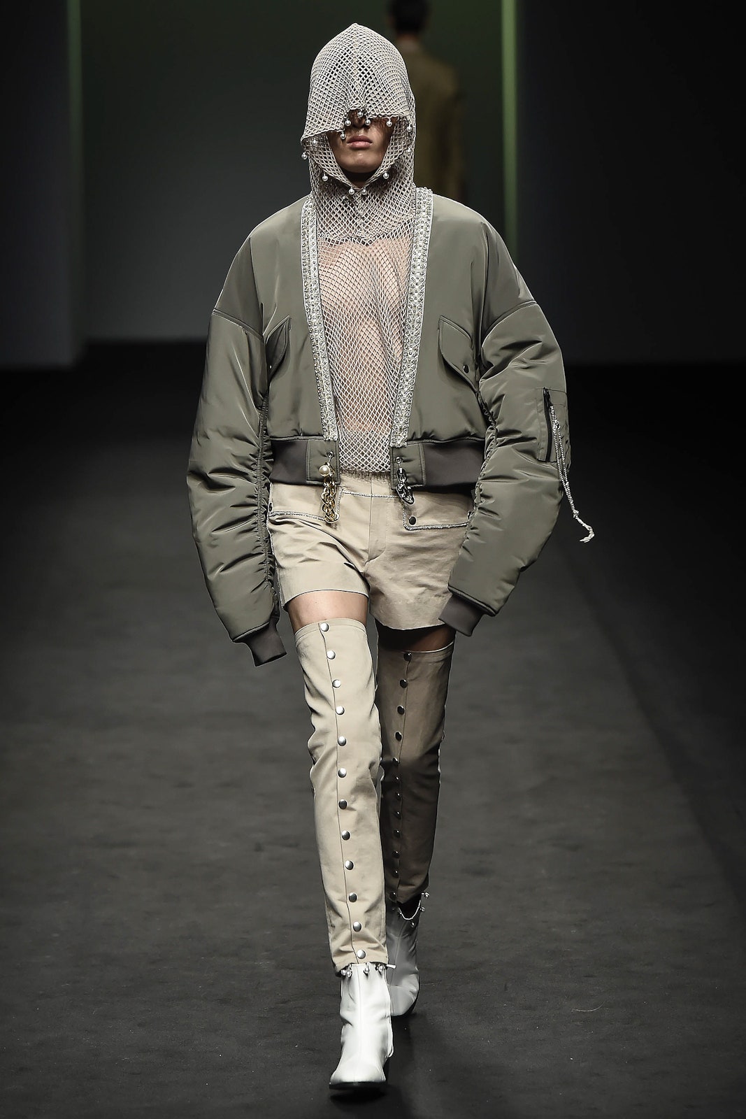 gray nylon long-sleeve open-front oversized padded zippered jacket