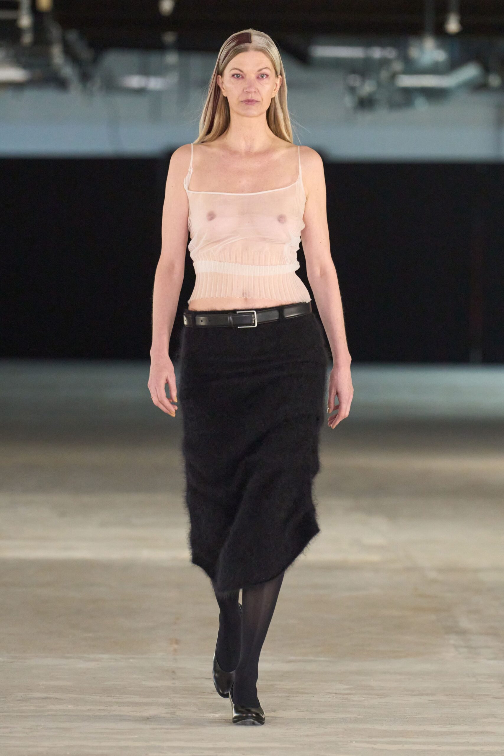 beige sheer top black pencil skirt