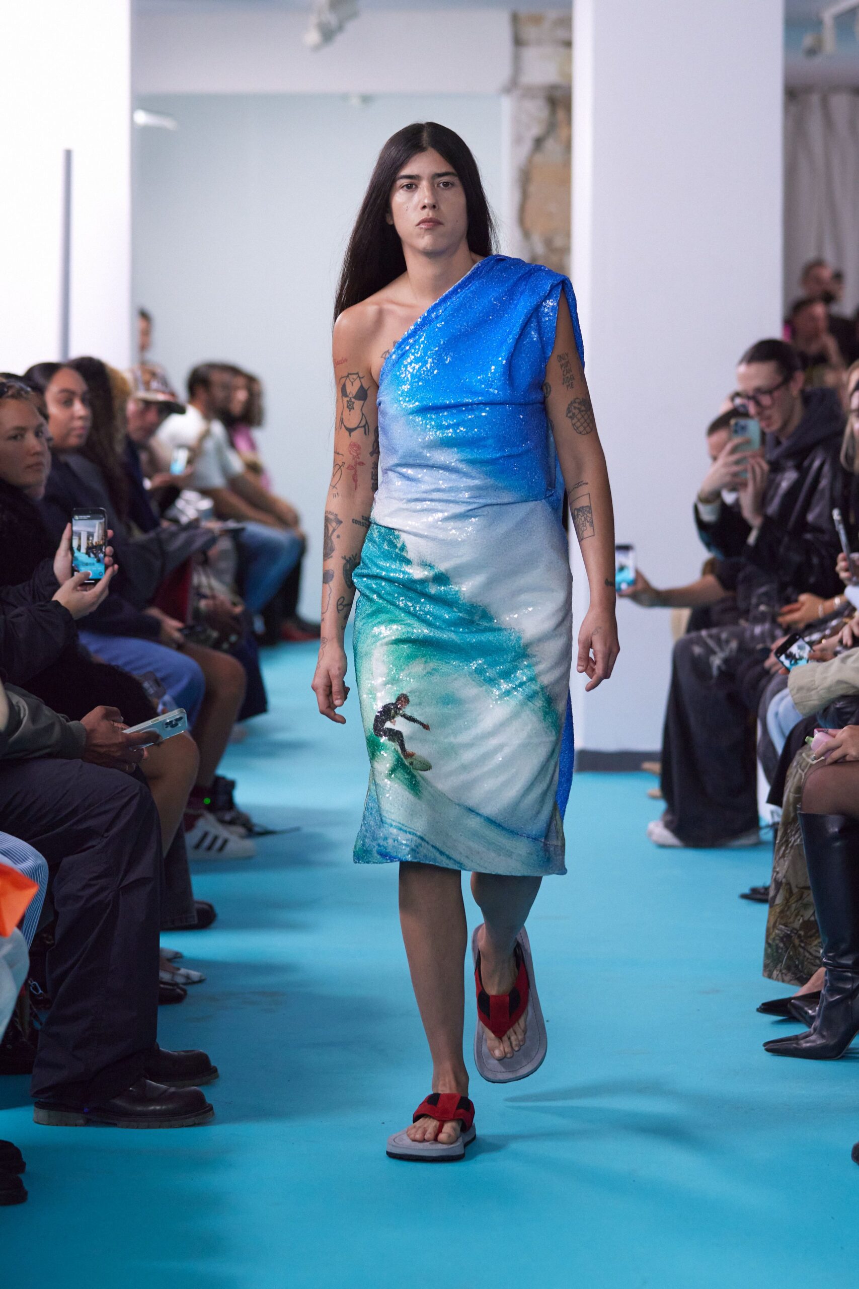 asymmetric blue and white dress with sandals