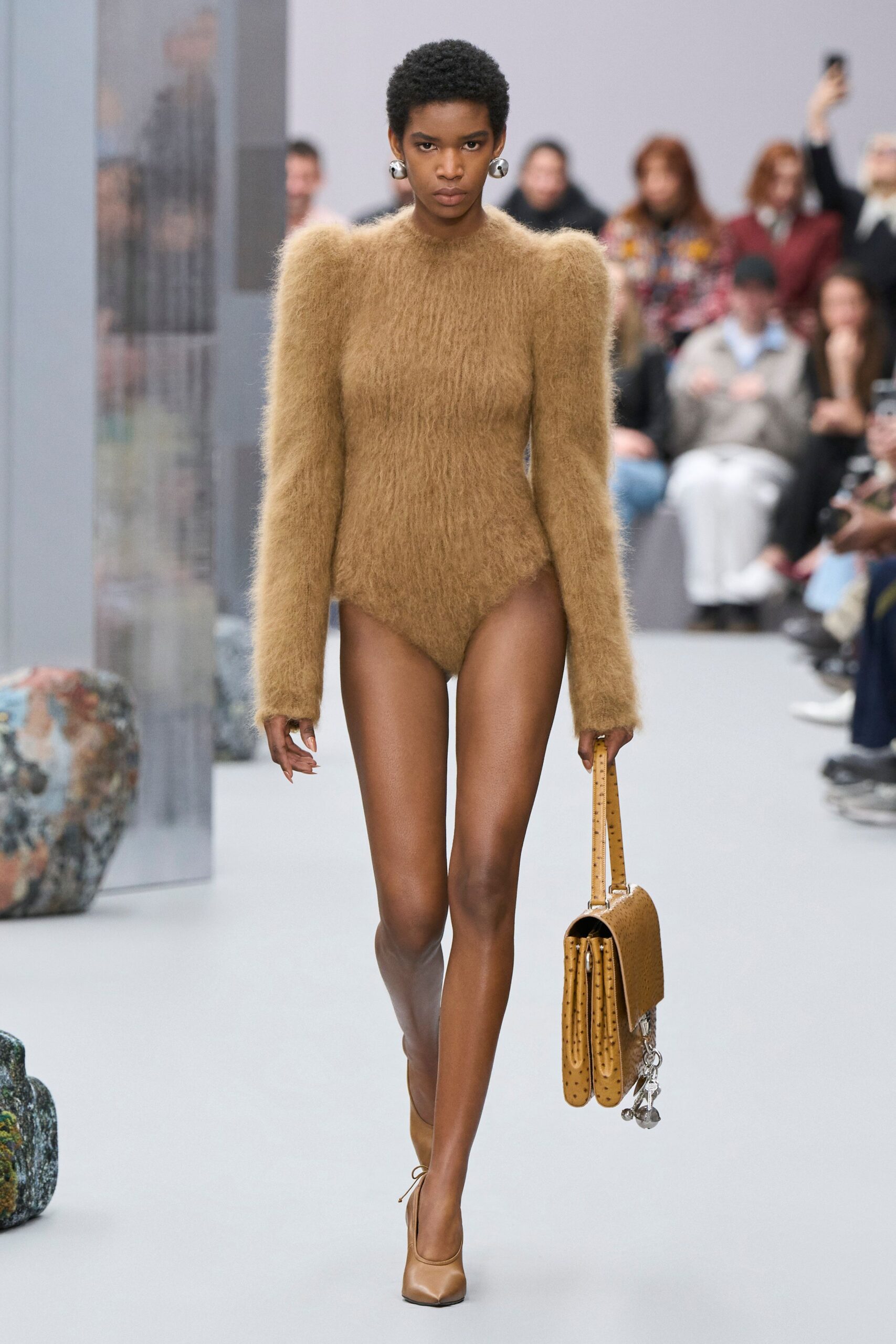 brown wool long-sleeve high-neck fitted textured bodysuit