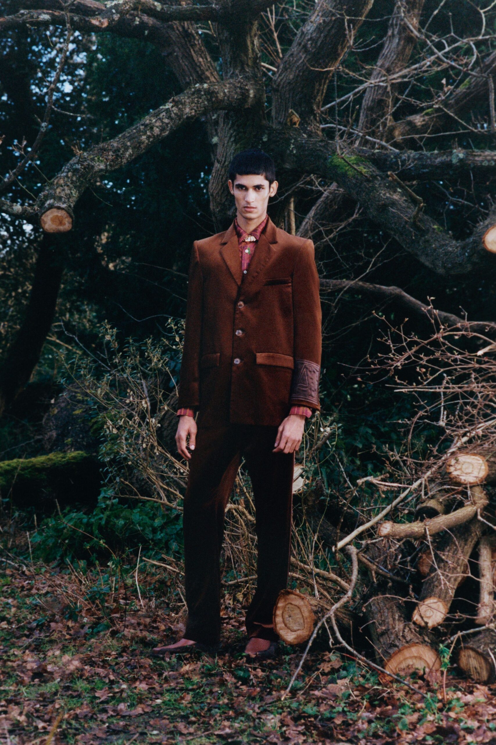 brown tailored suit with shoes