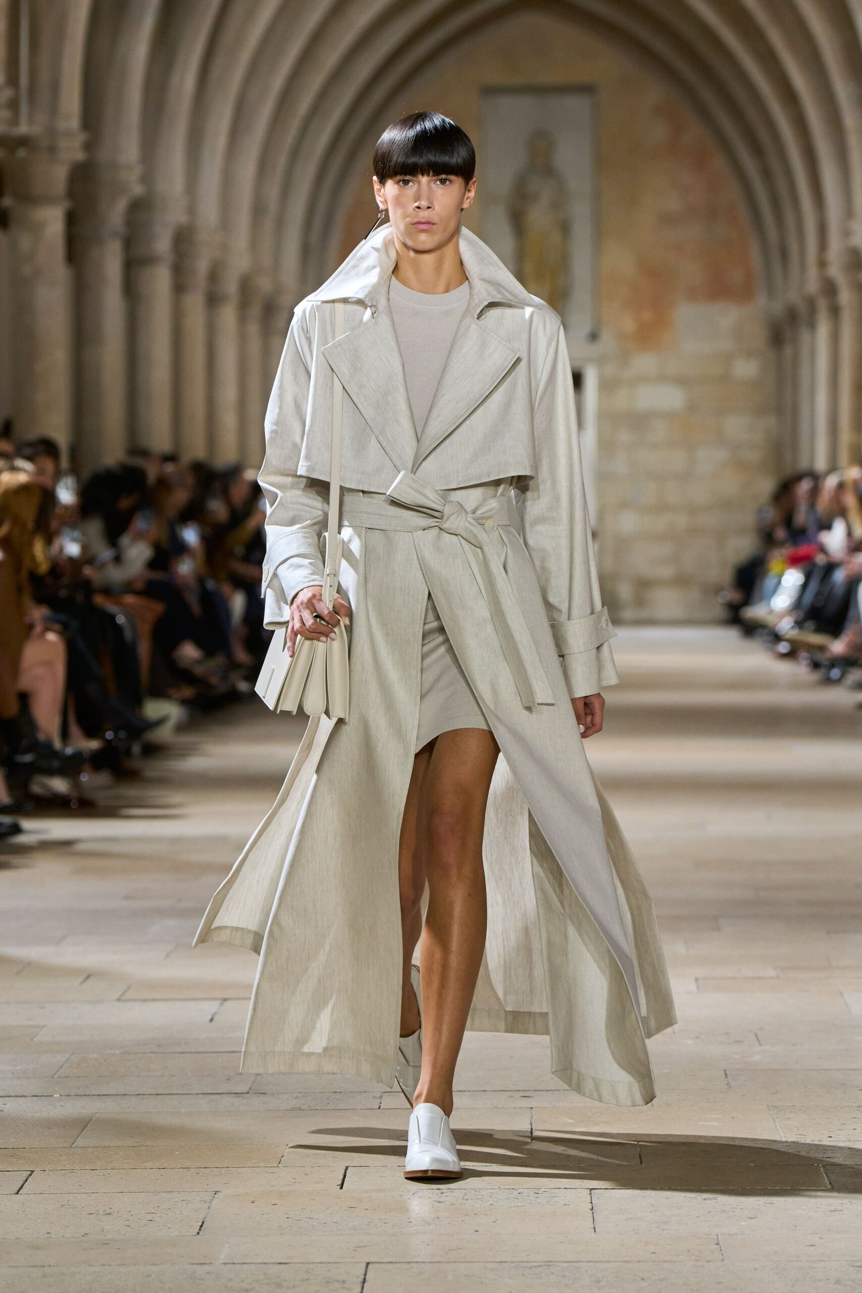 beige linen long-sleeve collared relaxed belted midi coat