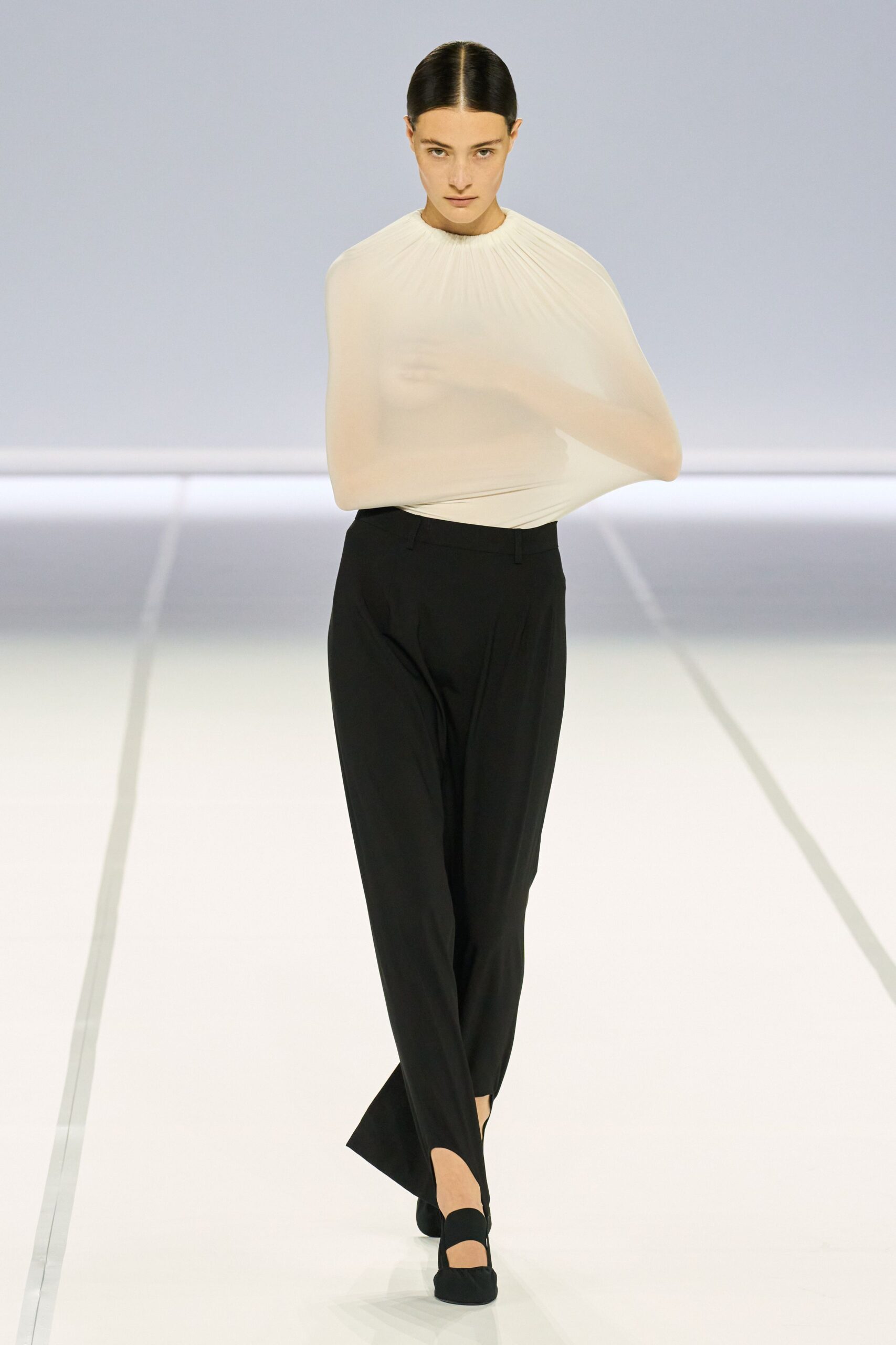 white silk long-sleeve high-neck fitted pleated sheer top