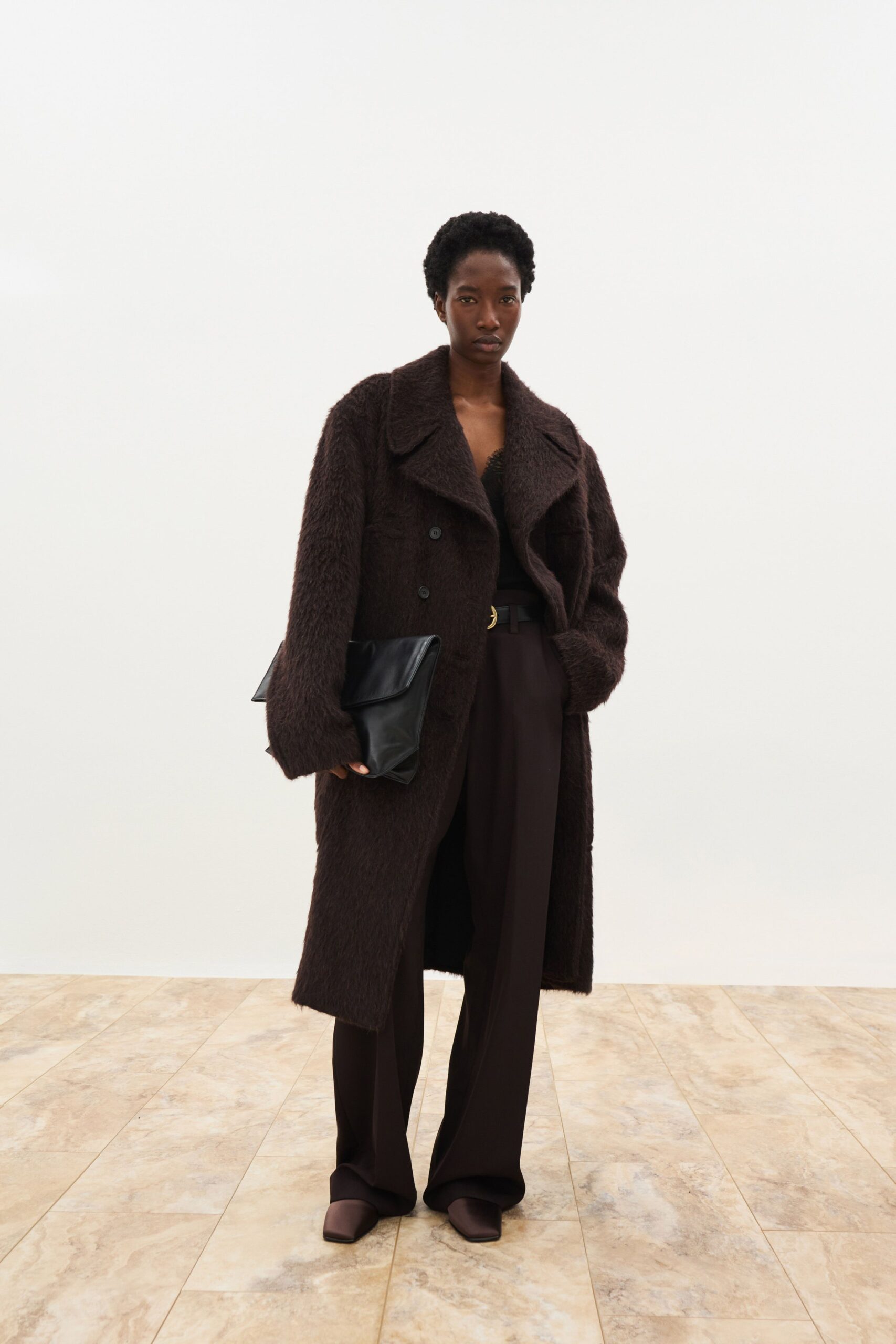 brown wool long-sleeve collared relaxed textured coat