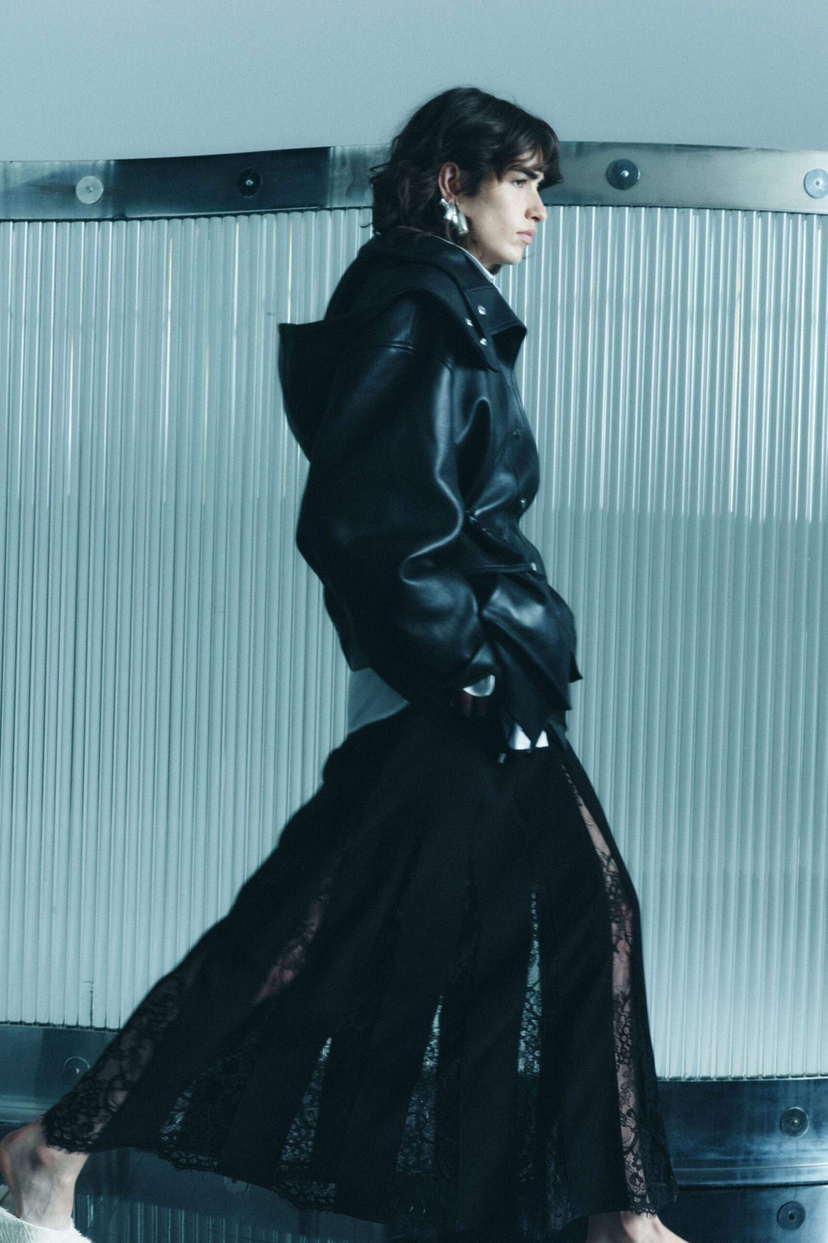 black leather oversized jacket and lace maxi skirt
