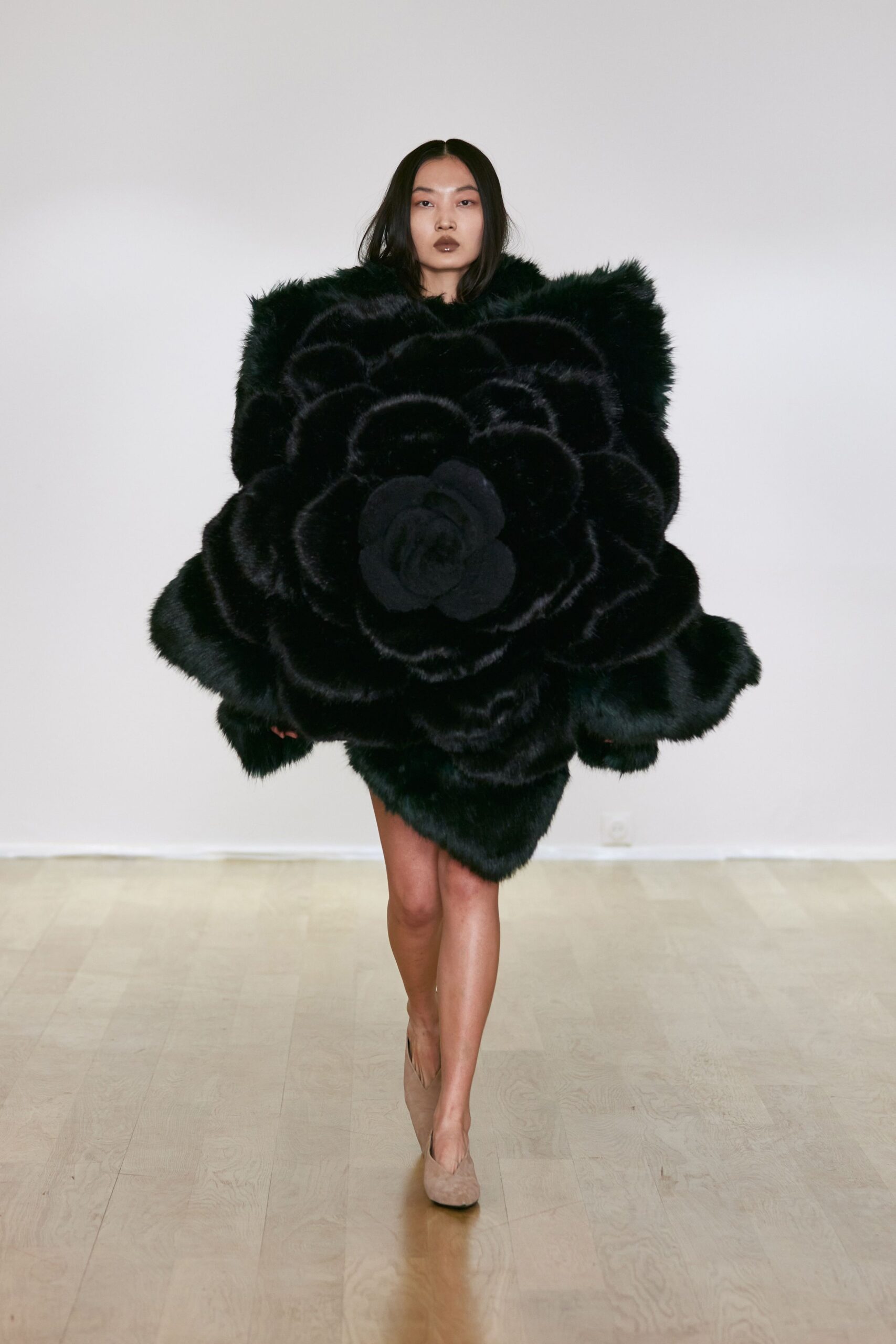 black fur relaxed floral layered short coat