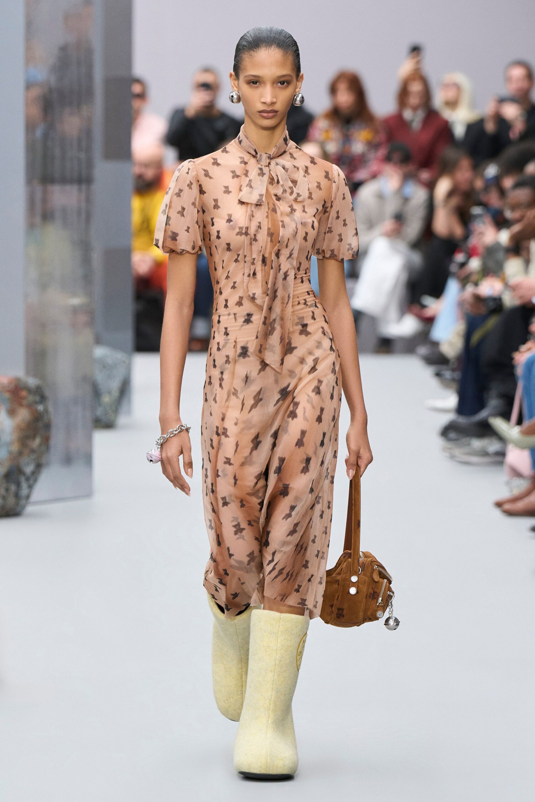 beige silk short-sleeve collared fitted printed sheer dress