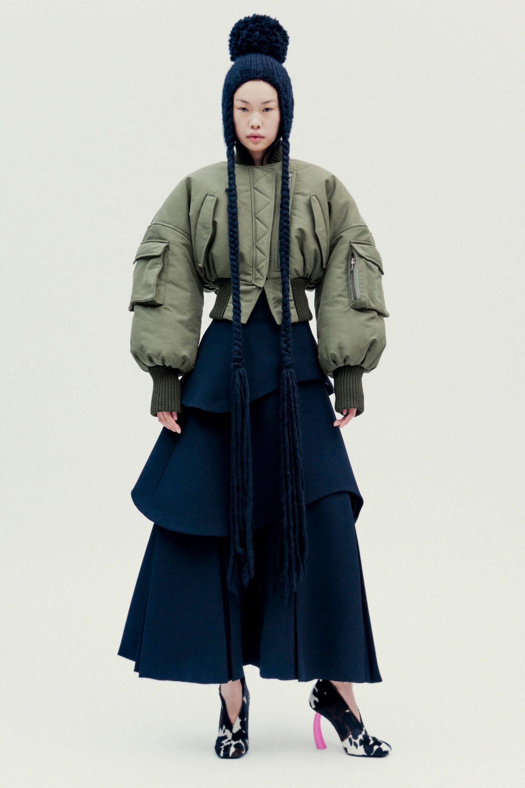 green relaxed jacket with tiered blue skirt