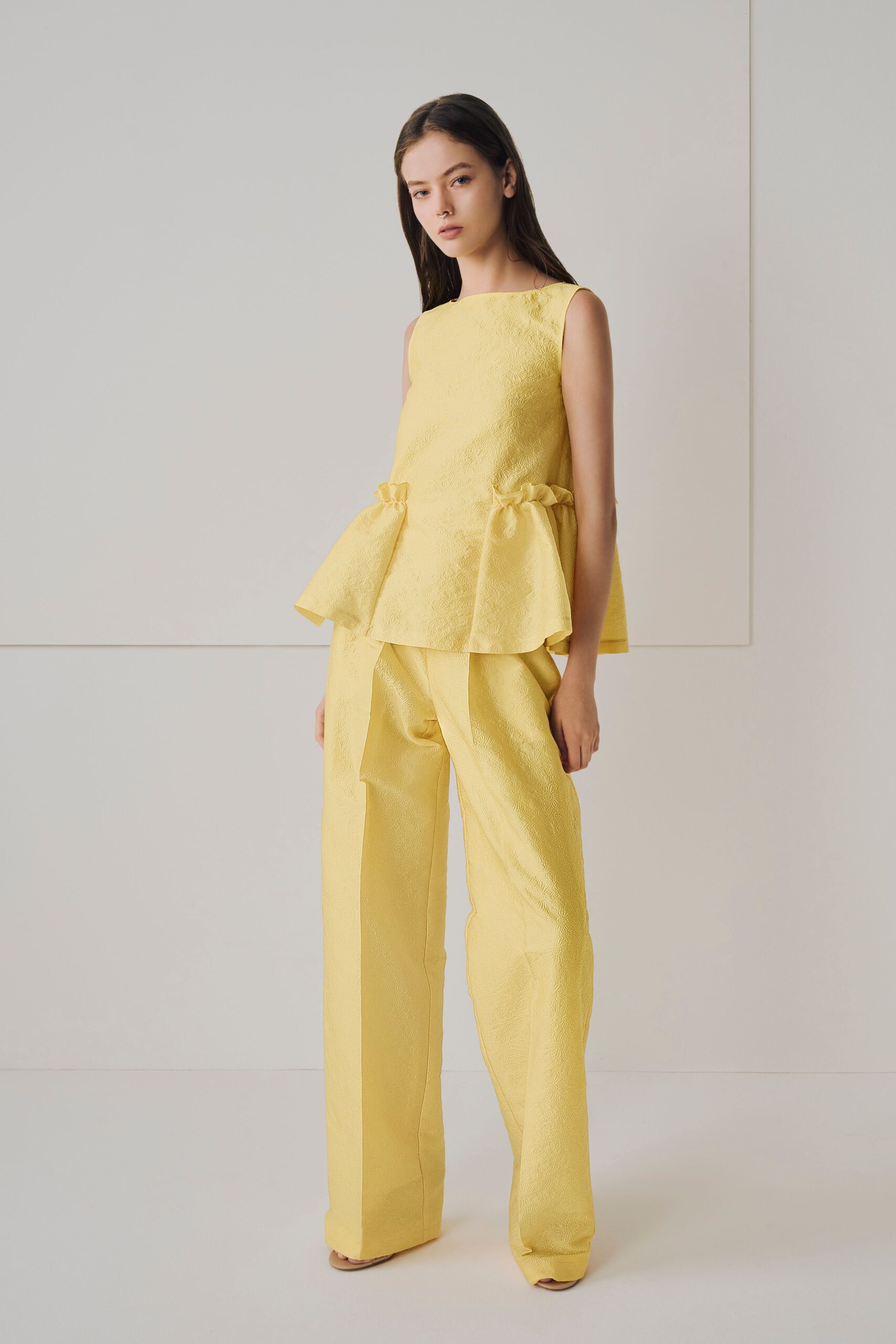 yellow silk top and pants