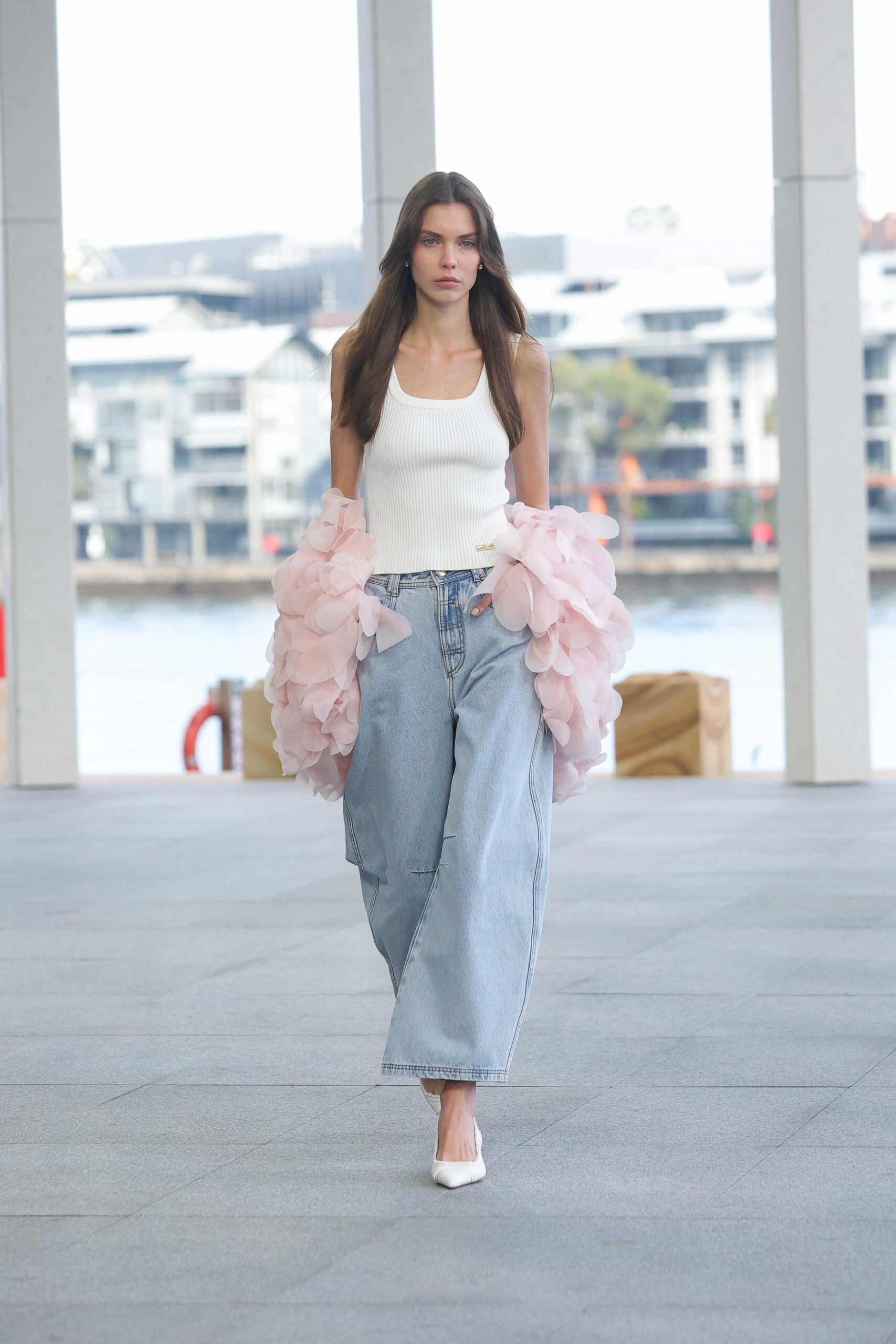 pink tulle oversized layered ruffled sheer flowing gloves