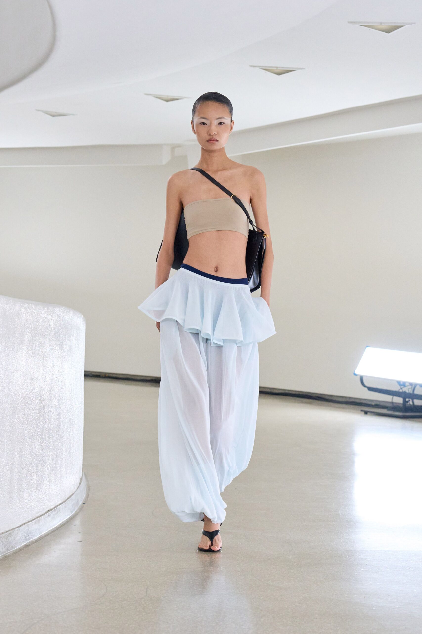 blue chiffon relaxed high-waisted tiered flowing pants