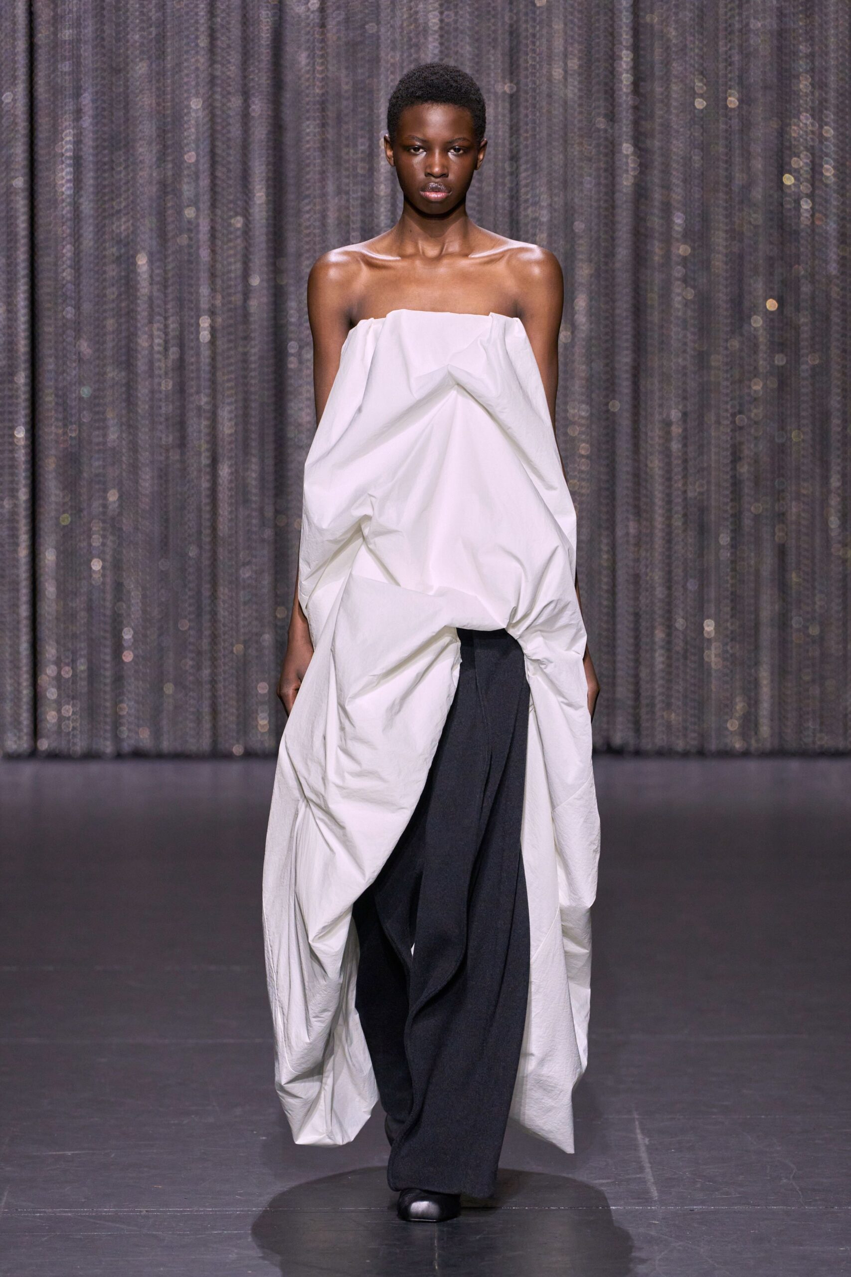white cotton strapless relaxed draped maxi dress