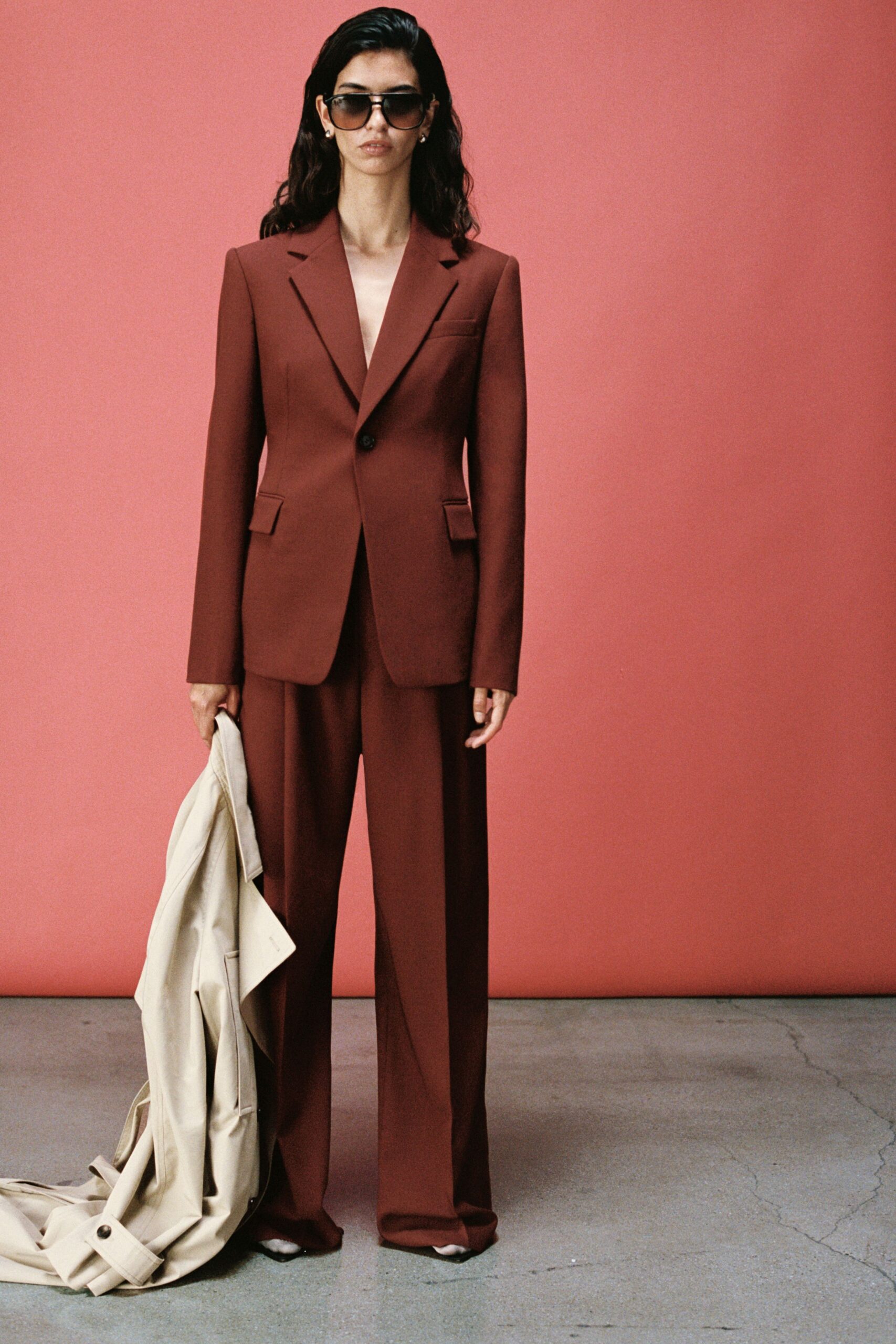 brown wool long-sleeve collared structured pockets blazer