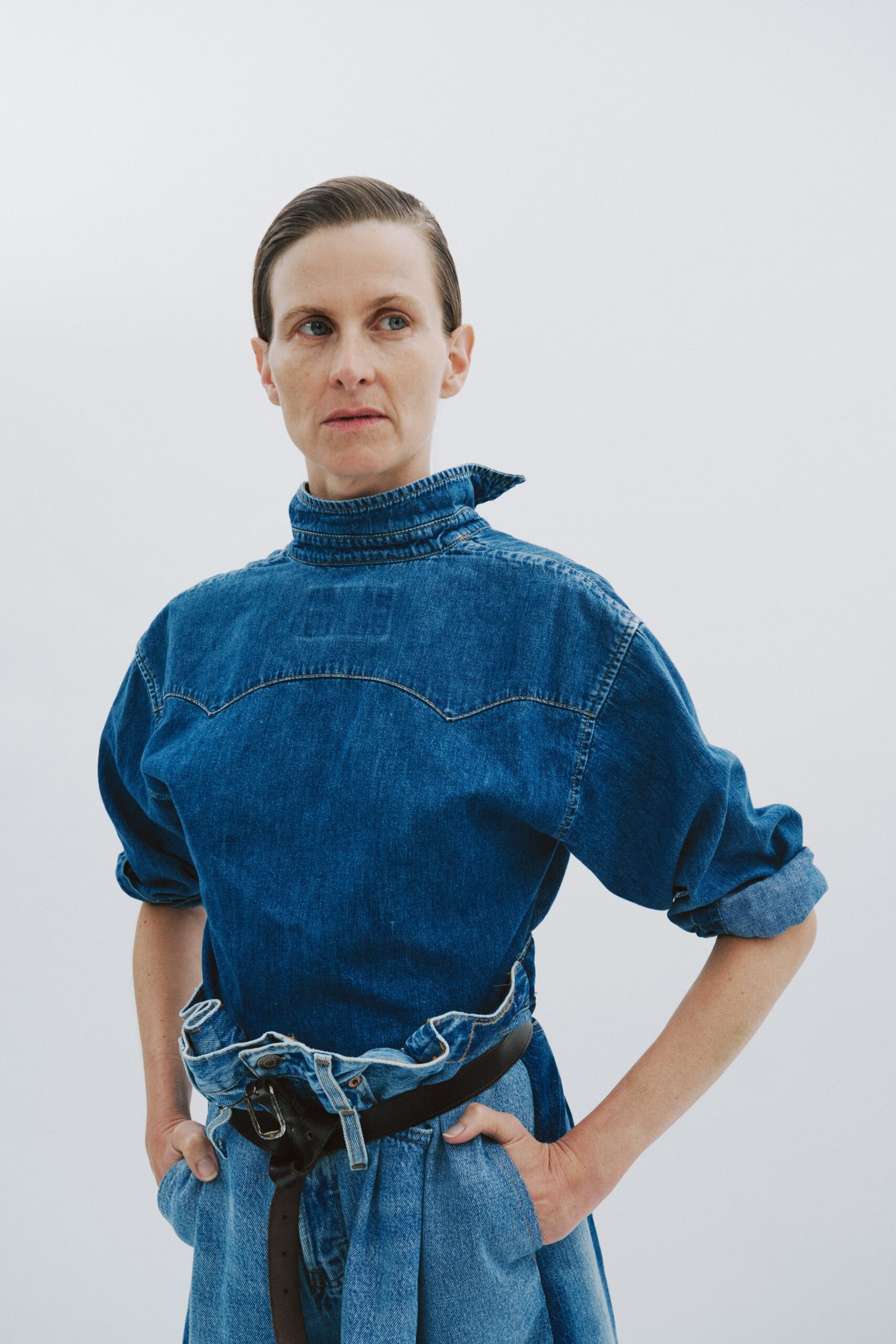 blue denim belted dress