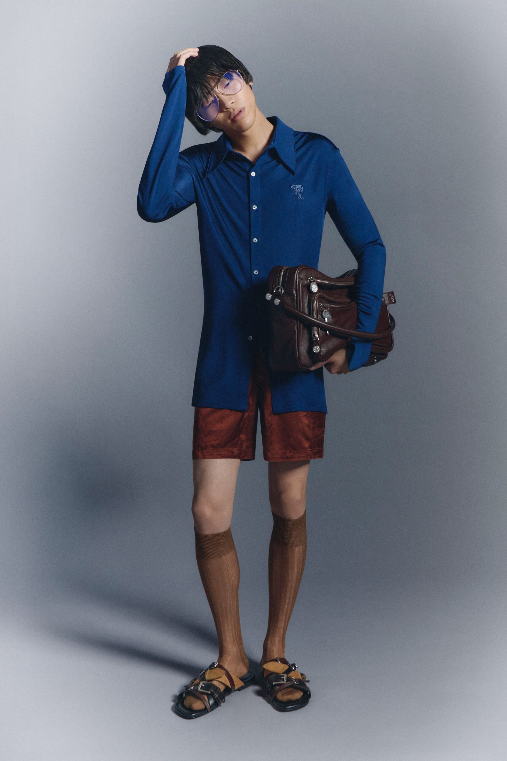 blue cotton long-sleeve collared tailored buttoned mini shirt