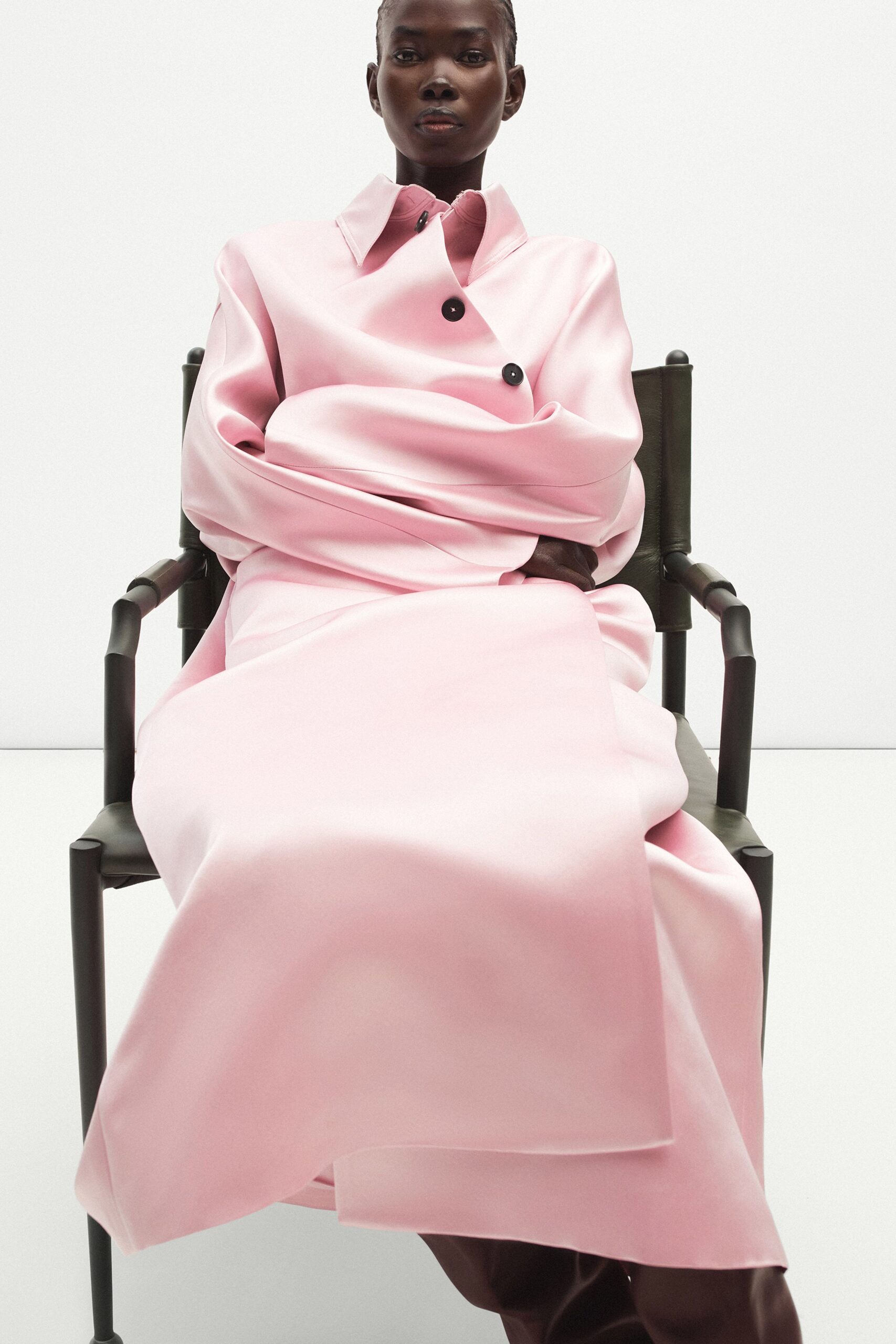 pink silk long-sleeve collared relaxed buttoned draped coat