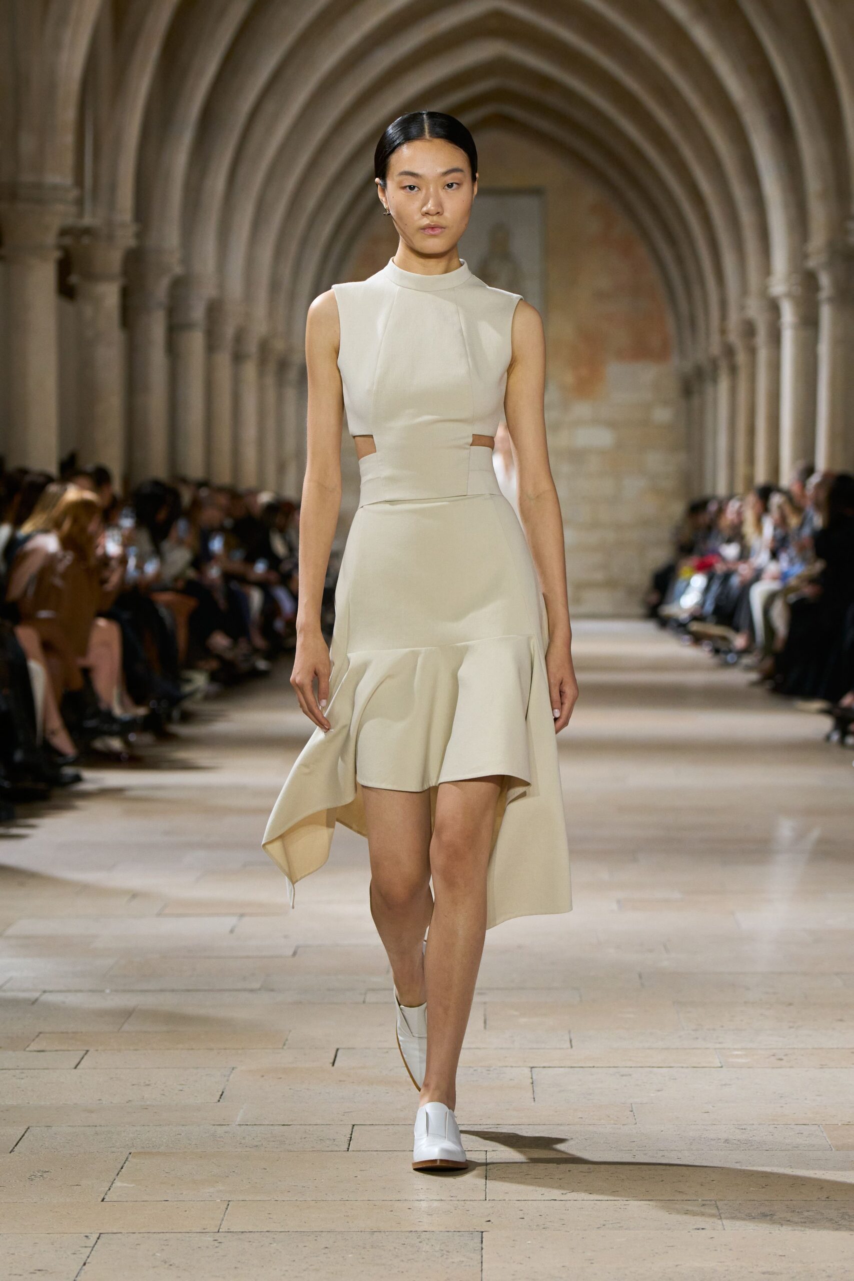 beige cotton sleeveless high-neck fitted draped tiered dress