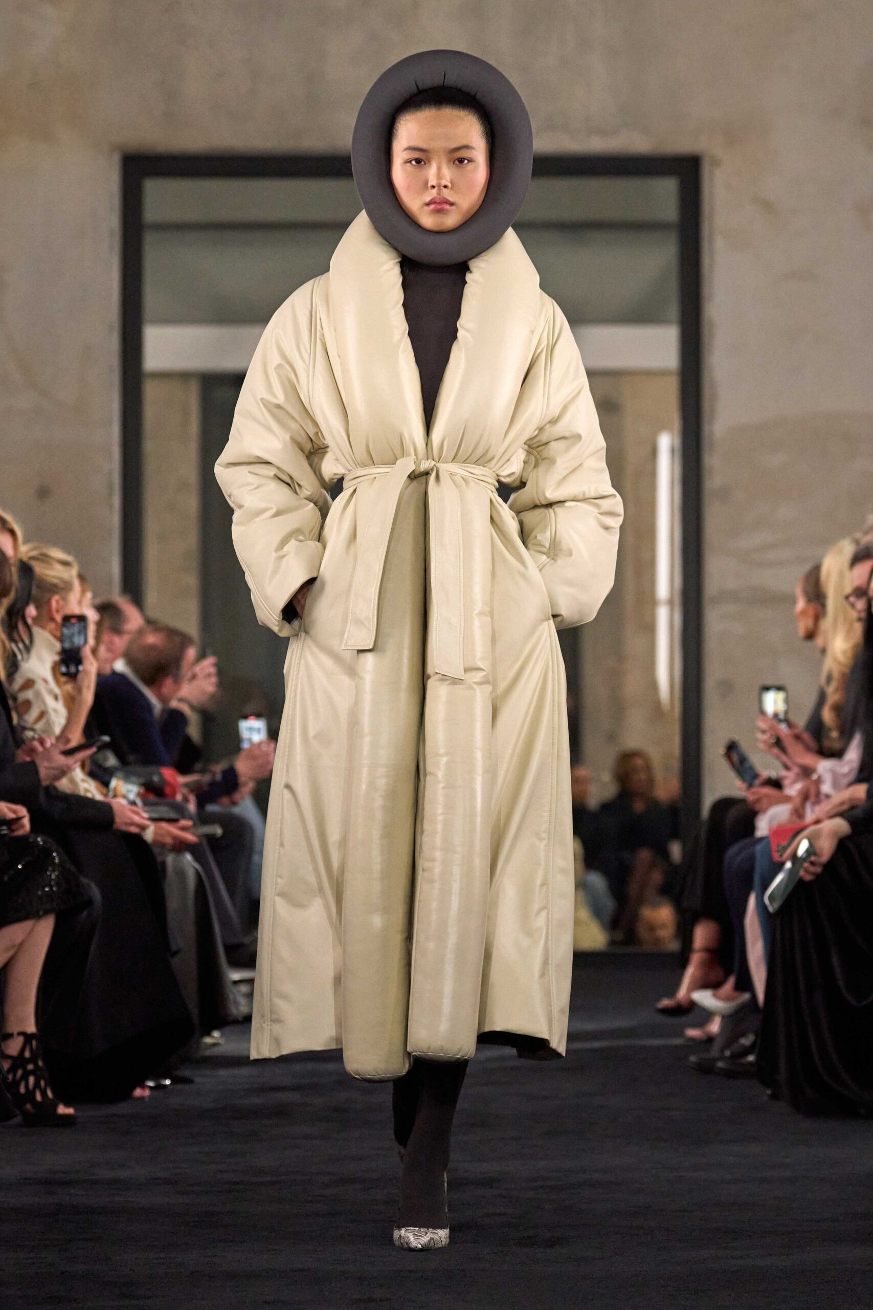 beige silk long-sleeve collared relaxed belted shiny coat