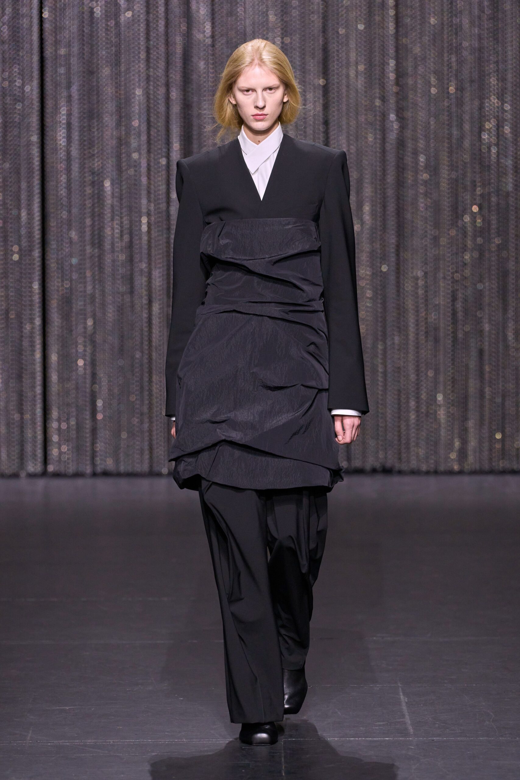 black ruched midi dress with pants