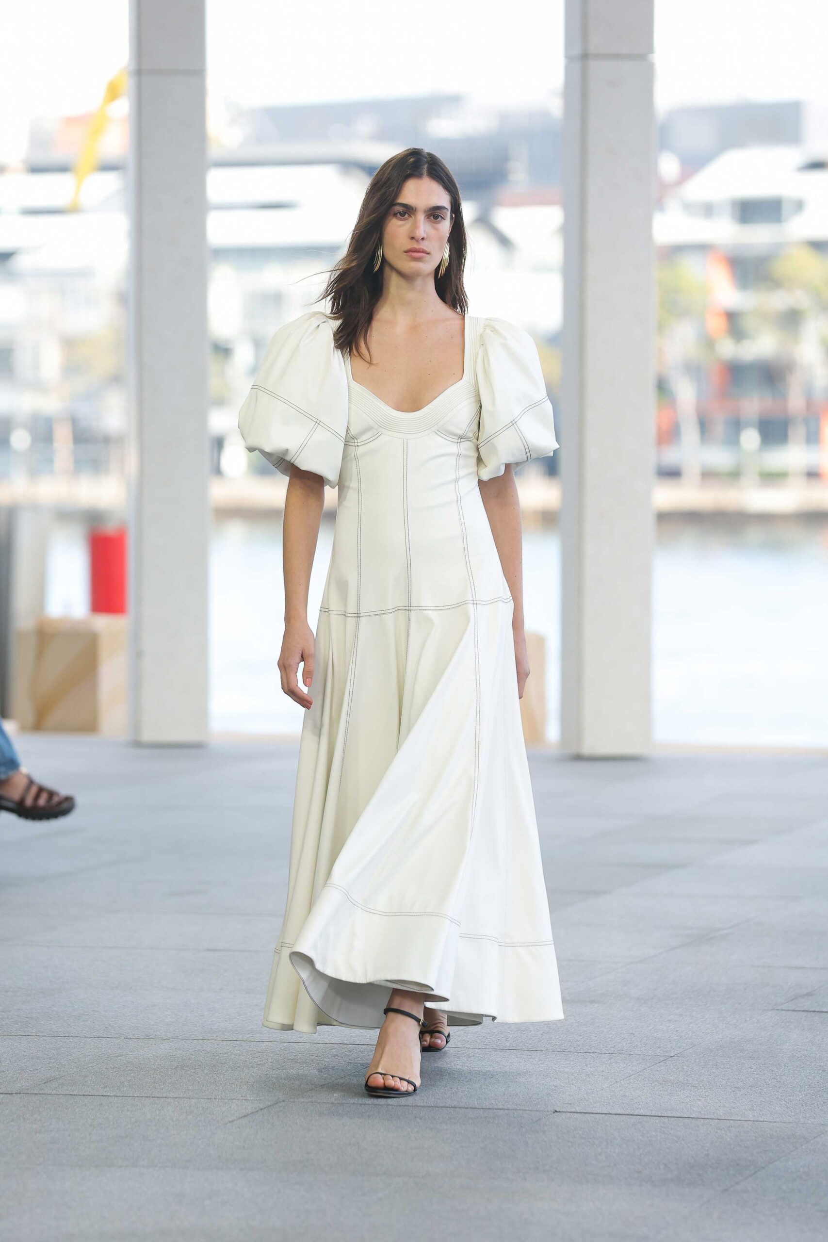 white cotton short-sleeve square-neck structured maxi dress
