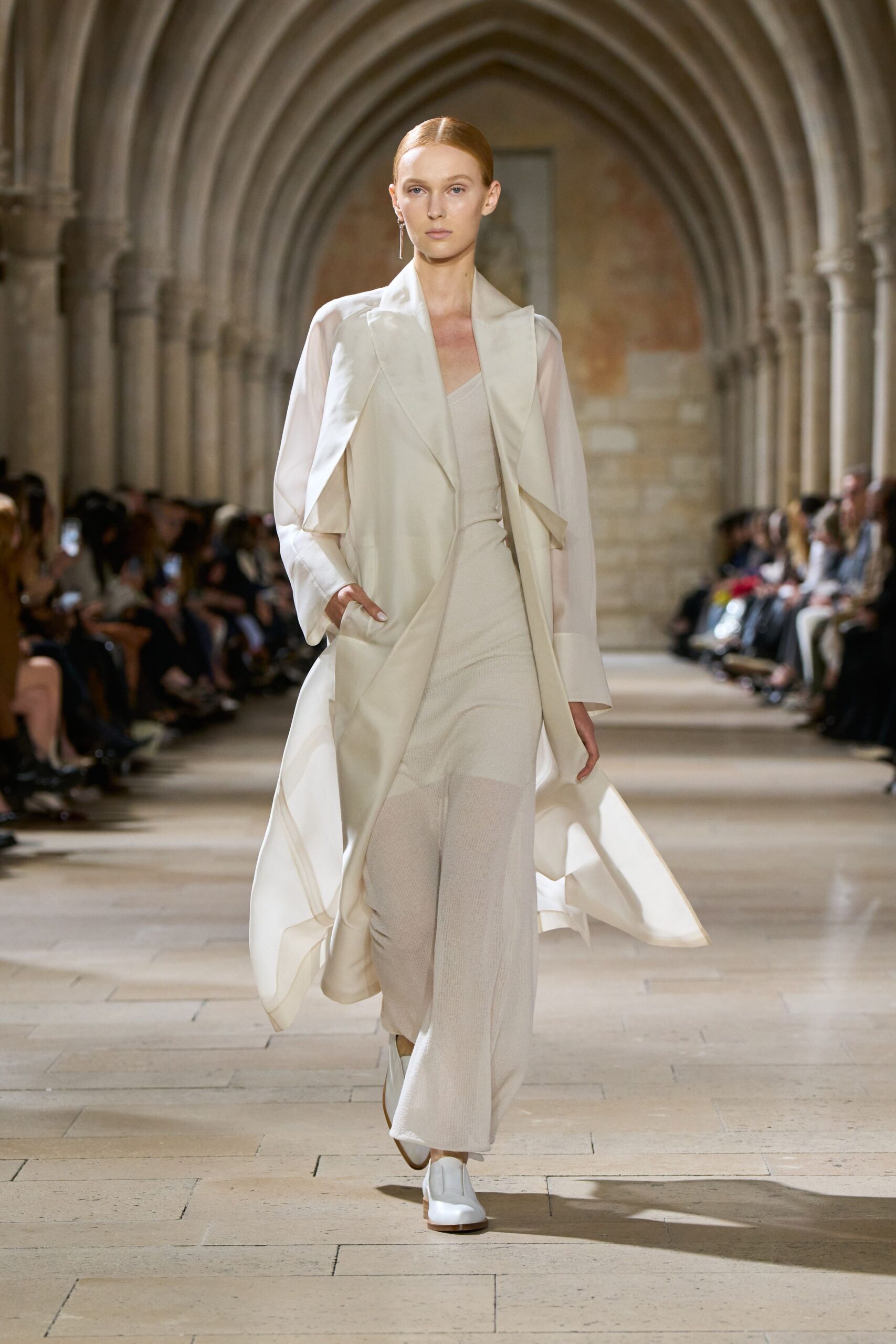 white silk long-sleeve collared relaxed draped flowing coat
