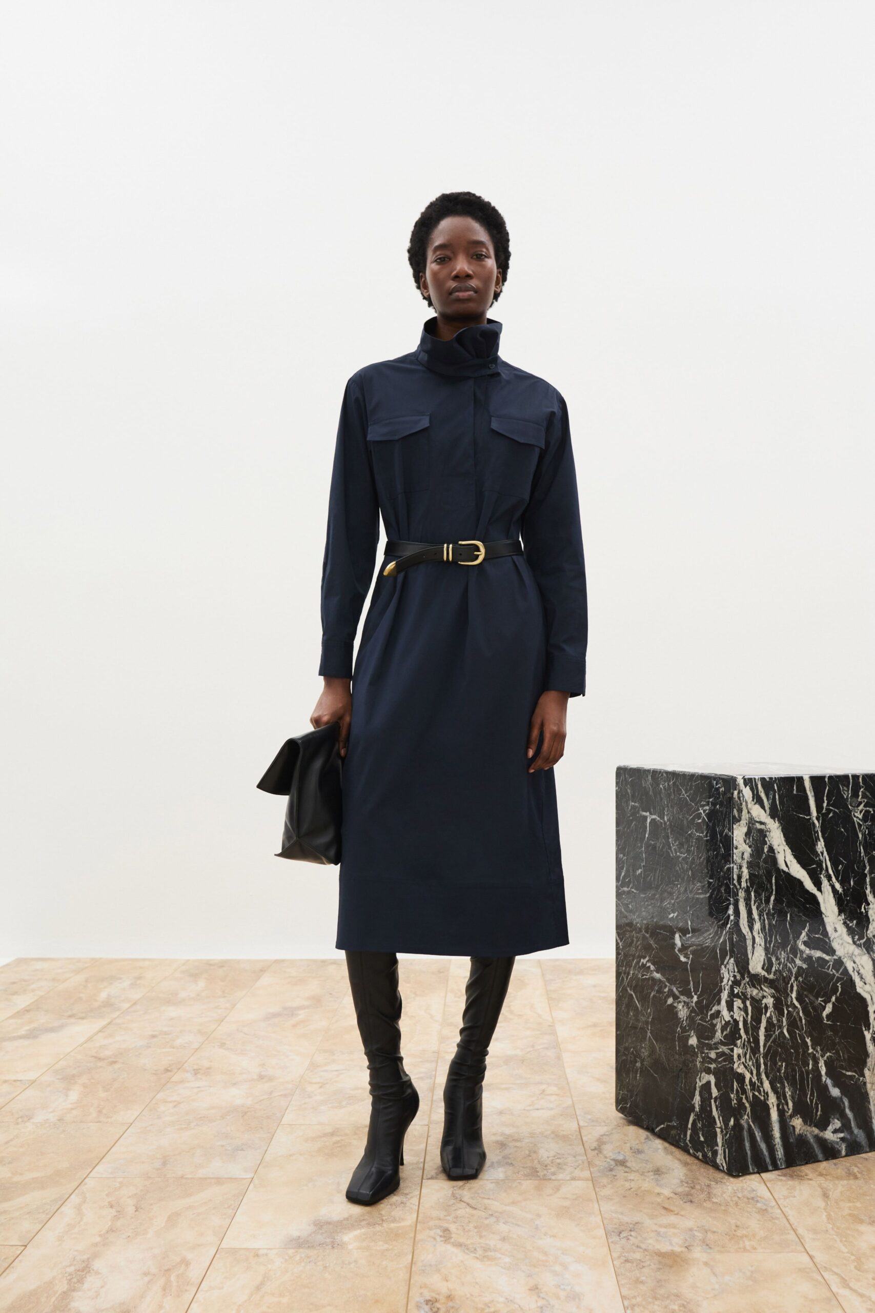 navy shirt-dress with black boots
