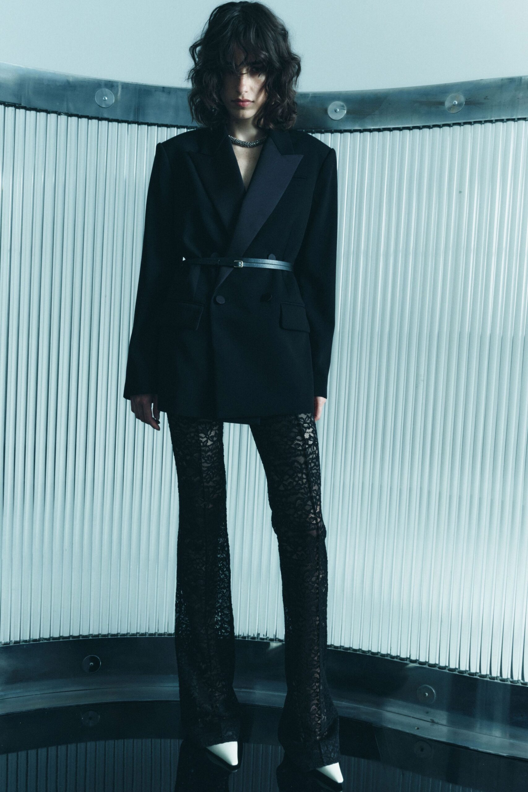 black tailored blazer with lace pants