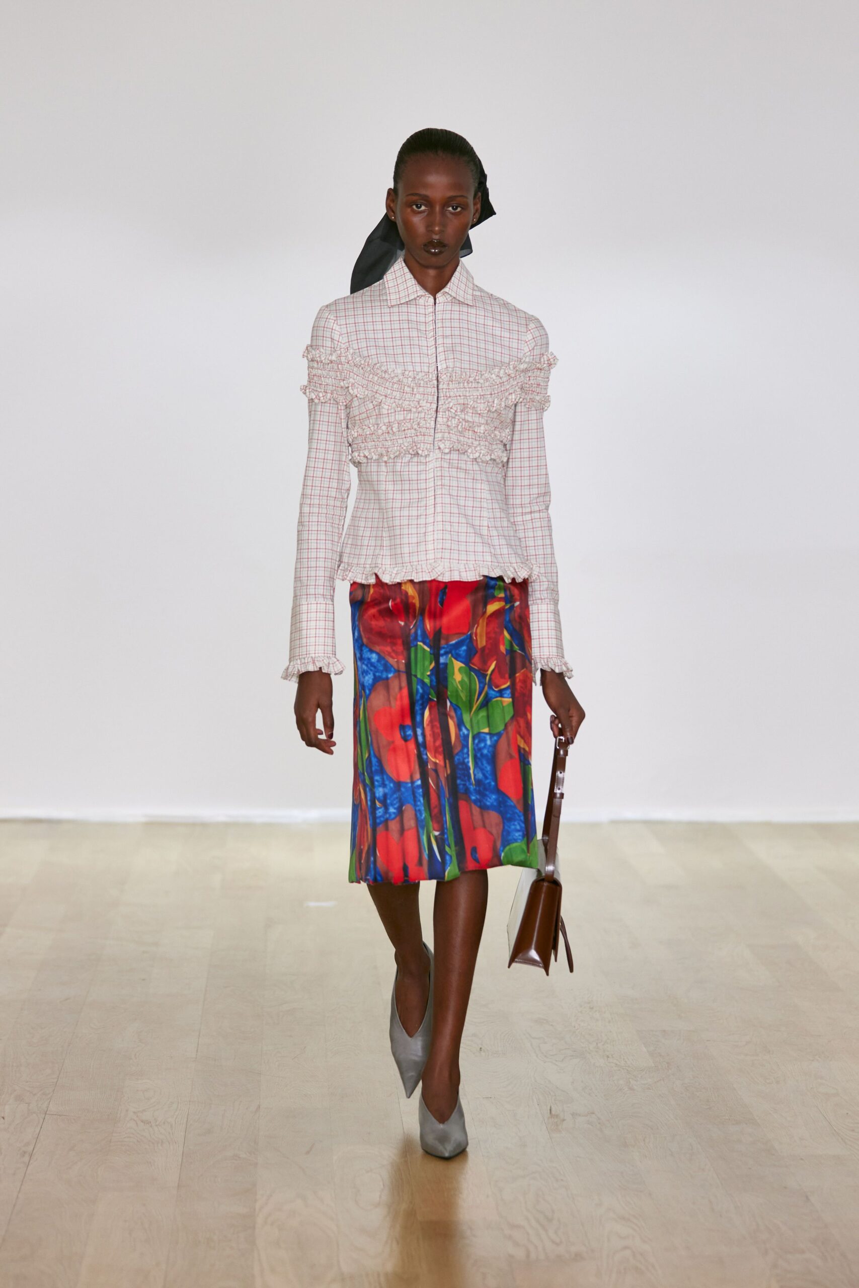 fitted white pink checked shirt with flared mini skirt