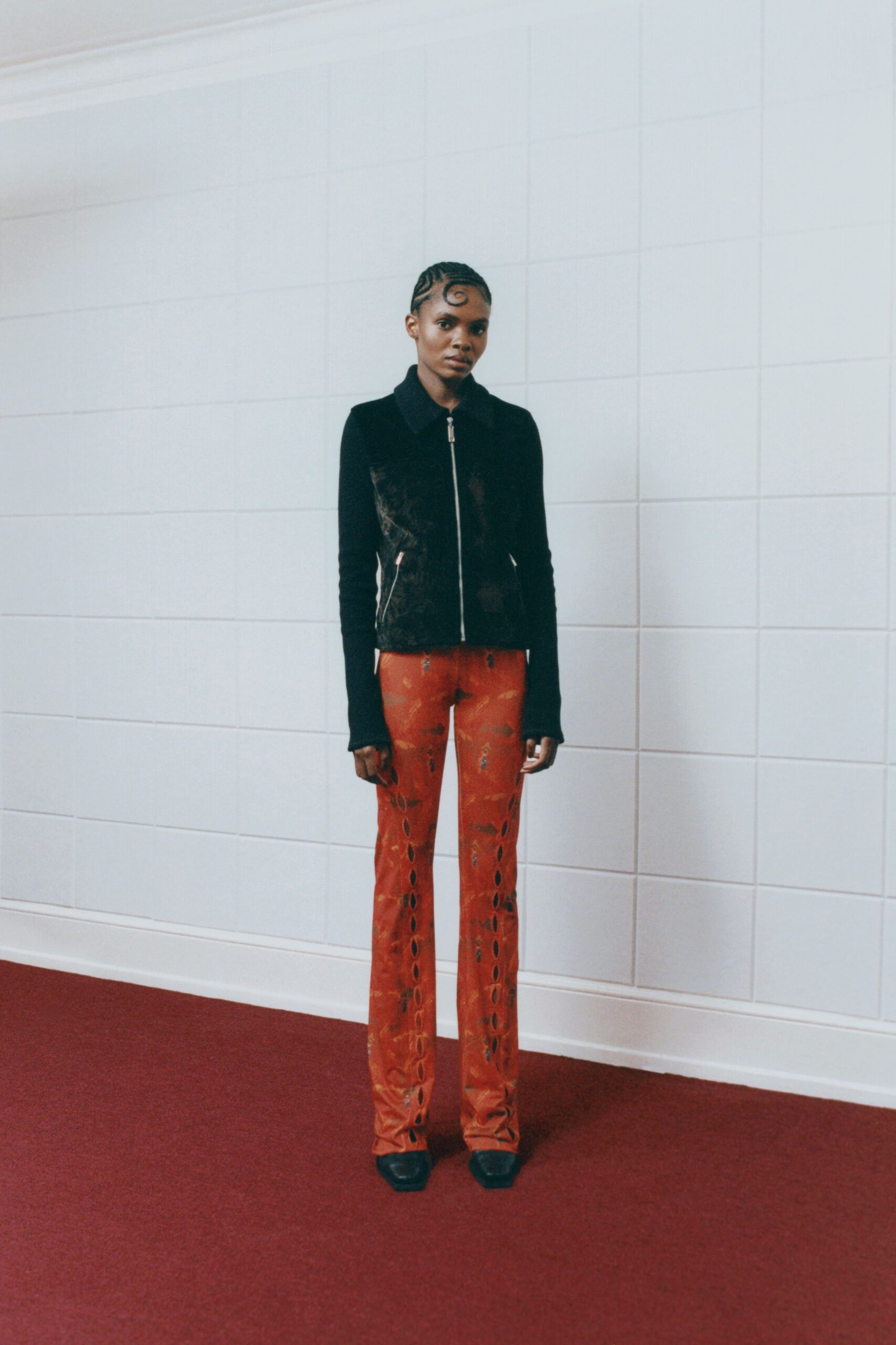 red cotton fitted flared pants