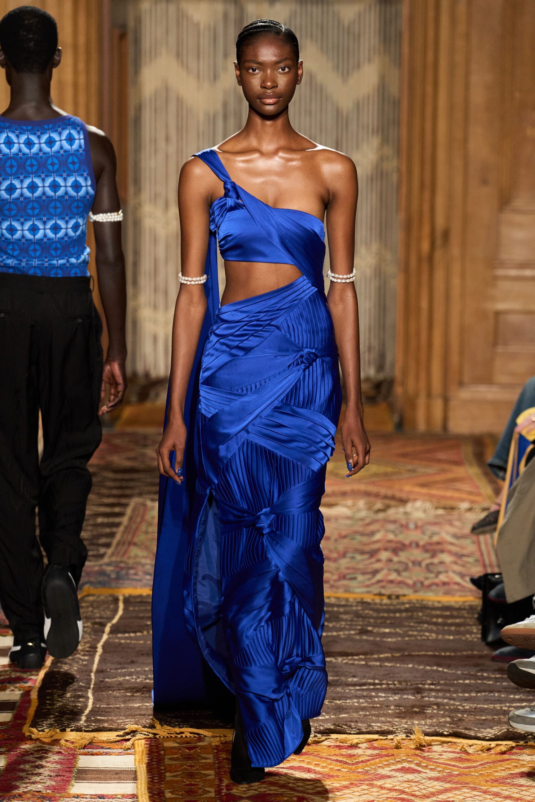 blue silk asymmetric gown