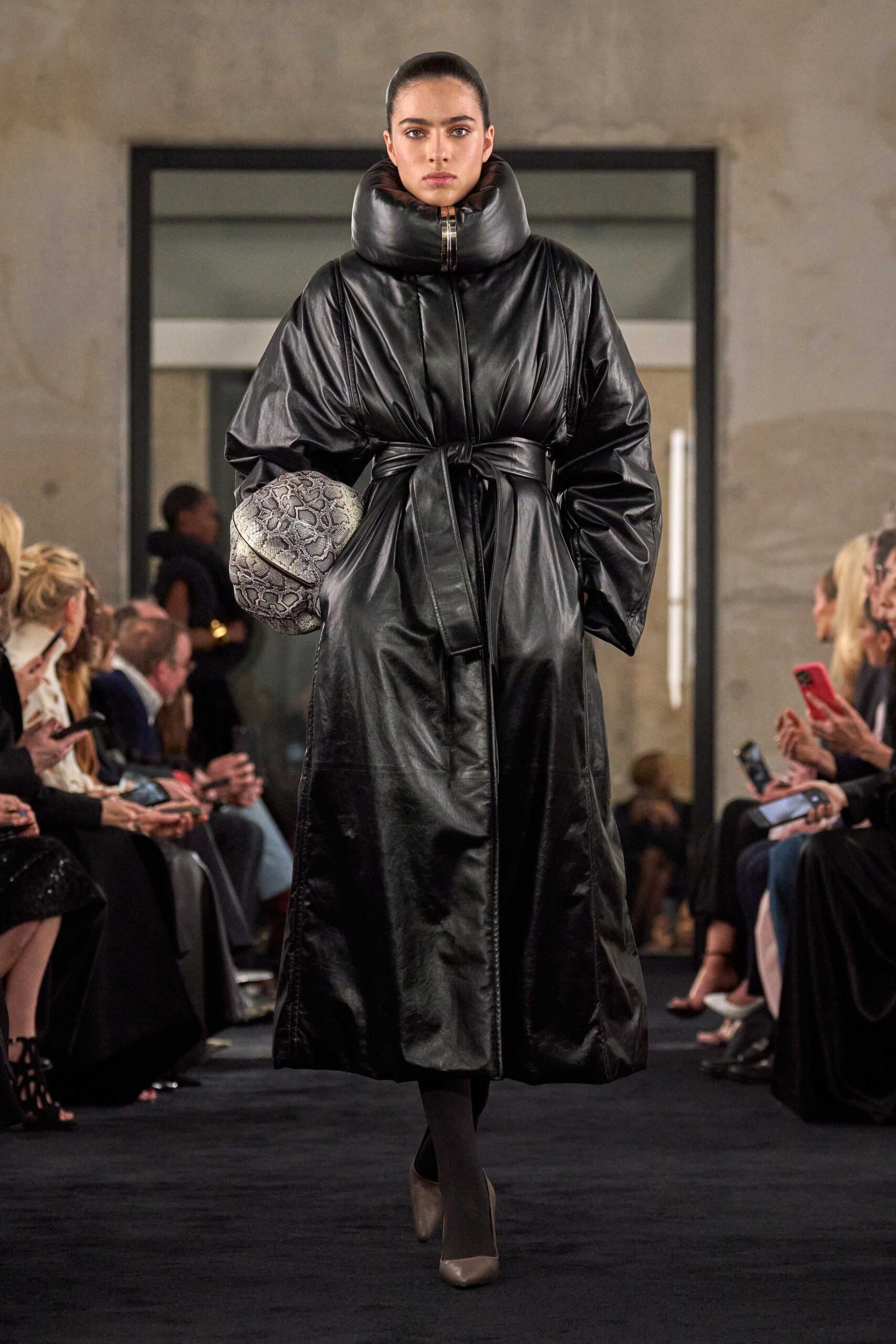 black leather long-sleeve collared fitted belted maxi coat