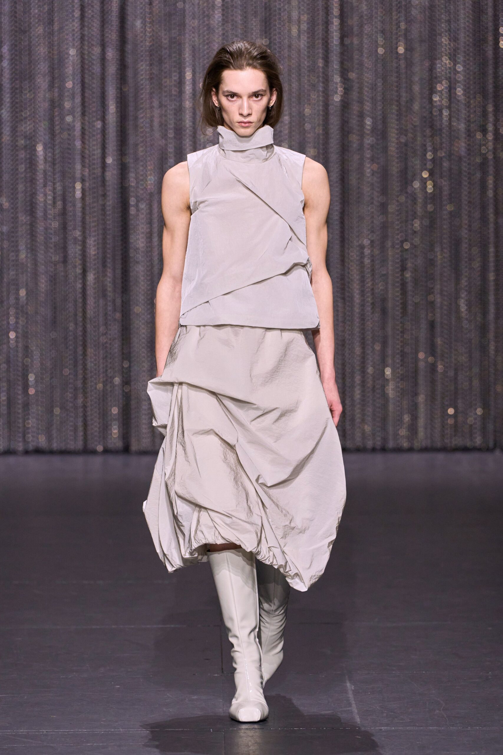 gray cotton relaxed draped midi skirt