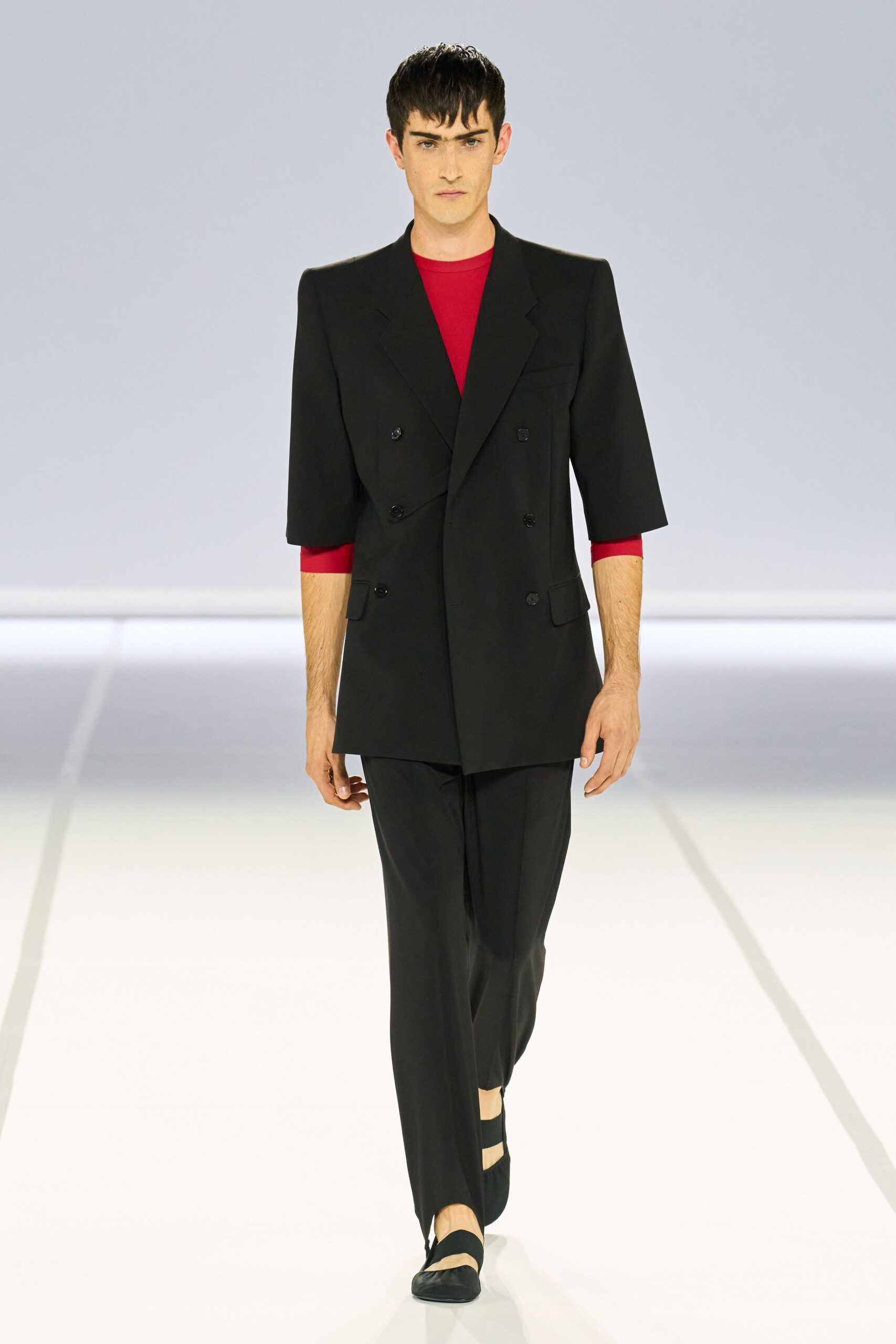 black blazer red shirt tailored pants
