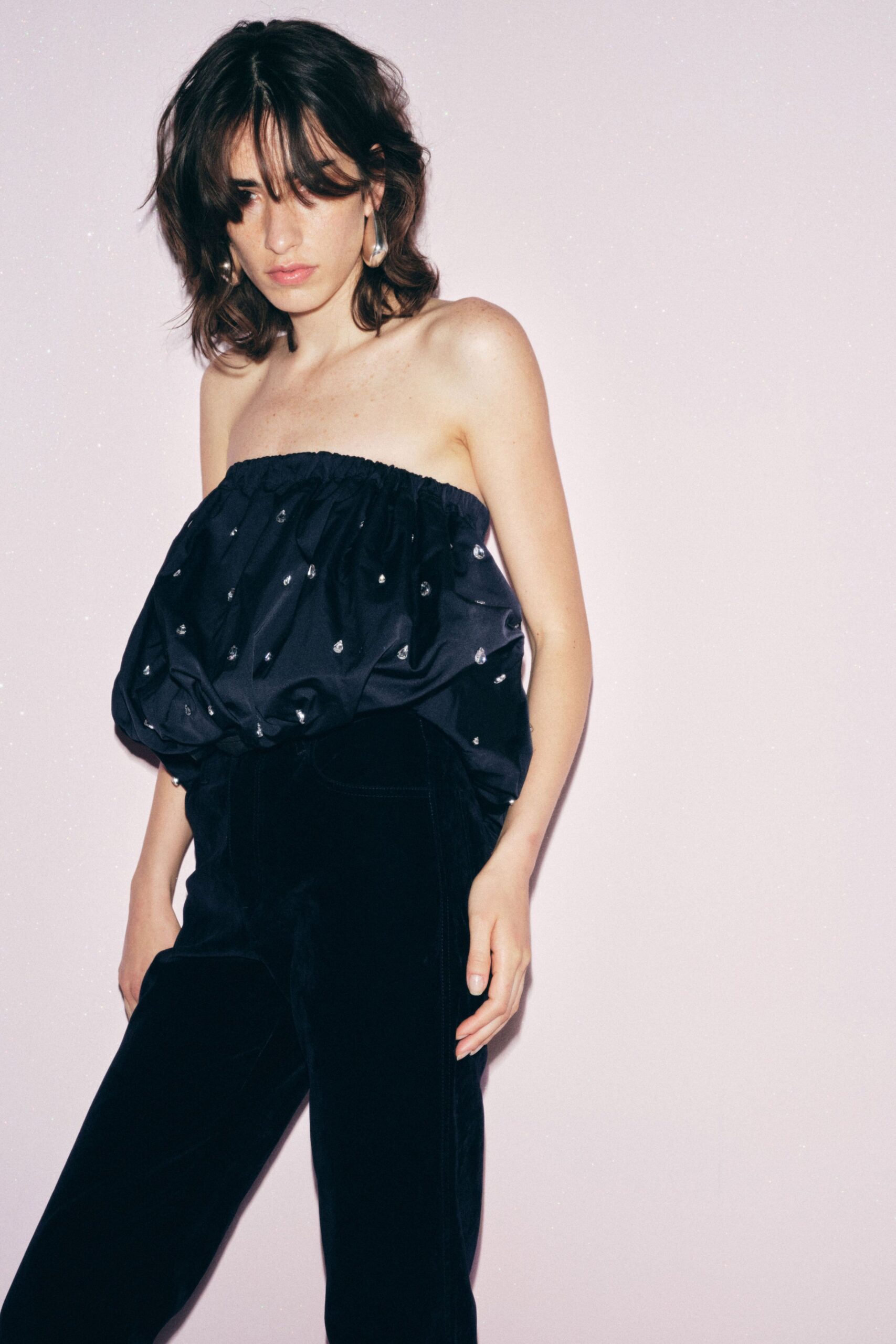 black cotton strapless relaxed pleated beaded top