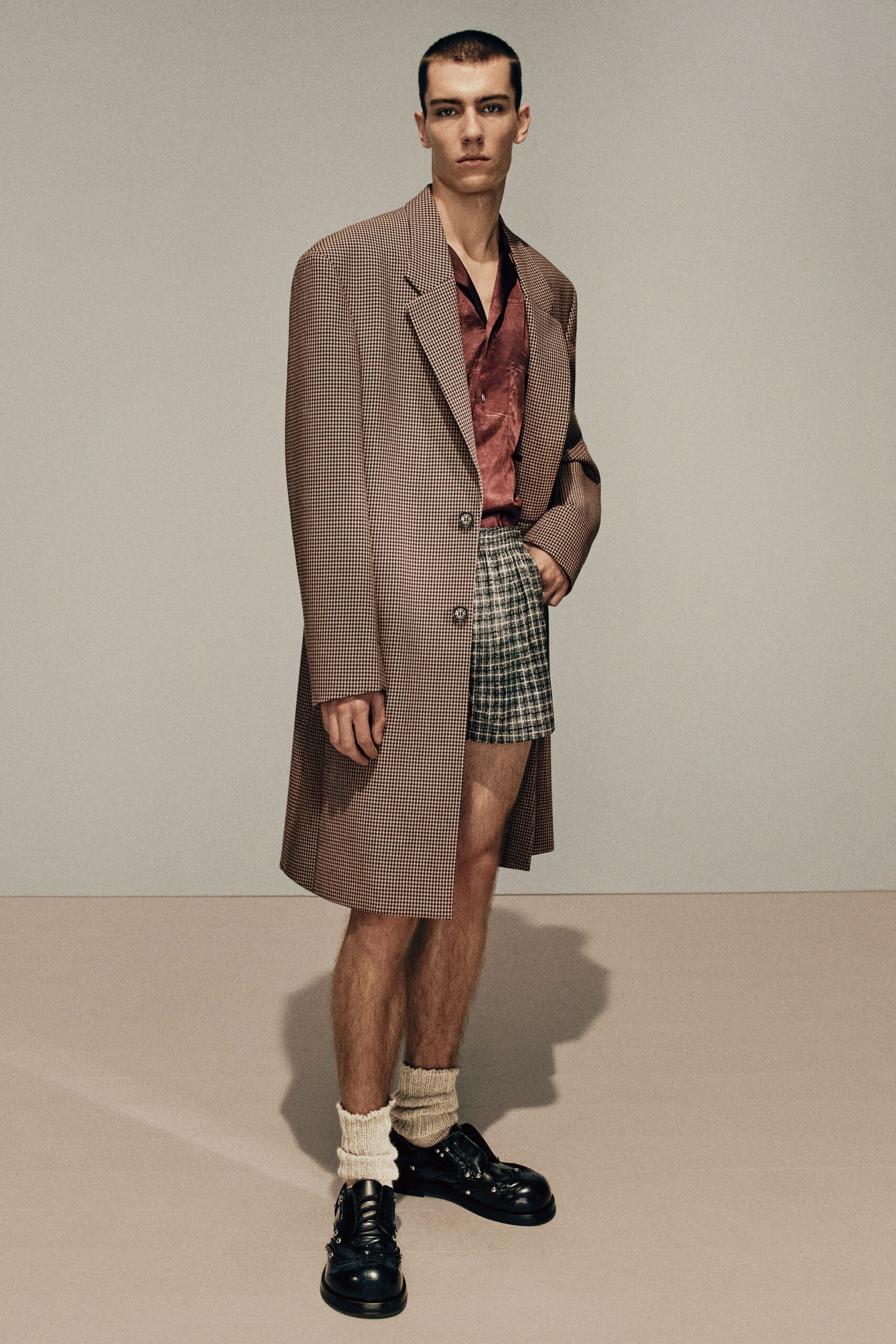 brown checked blazer with red shirt