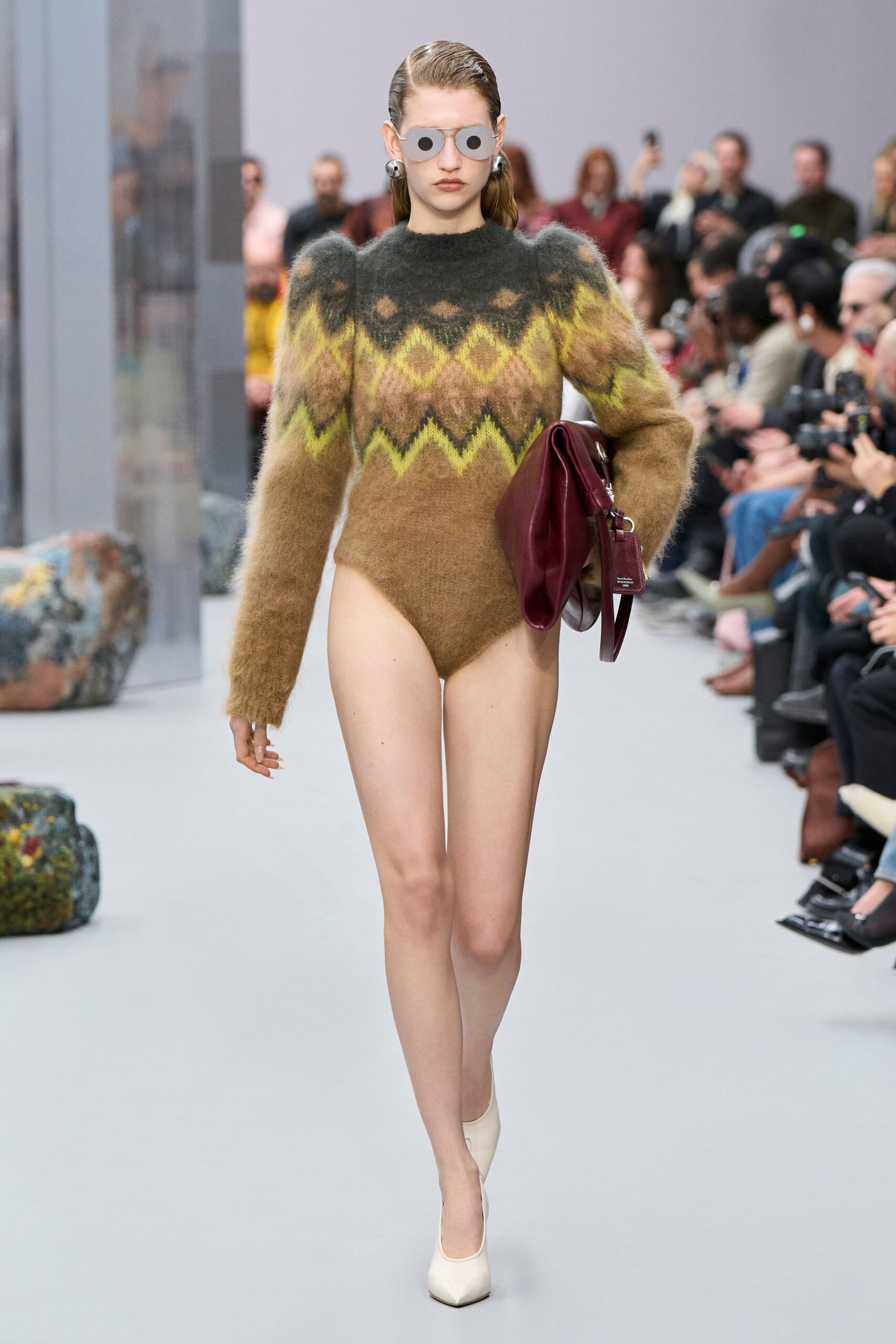 brown wool long-sleeve high-neck fitted printed bodysuit