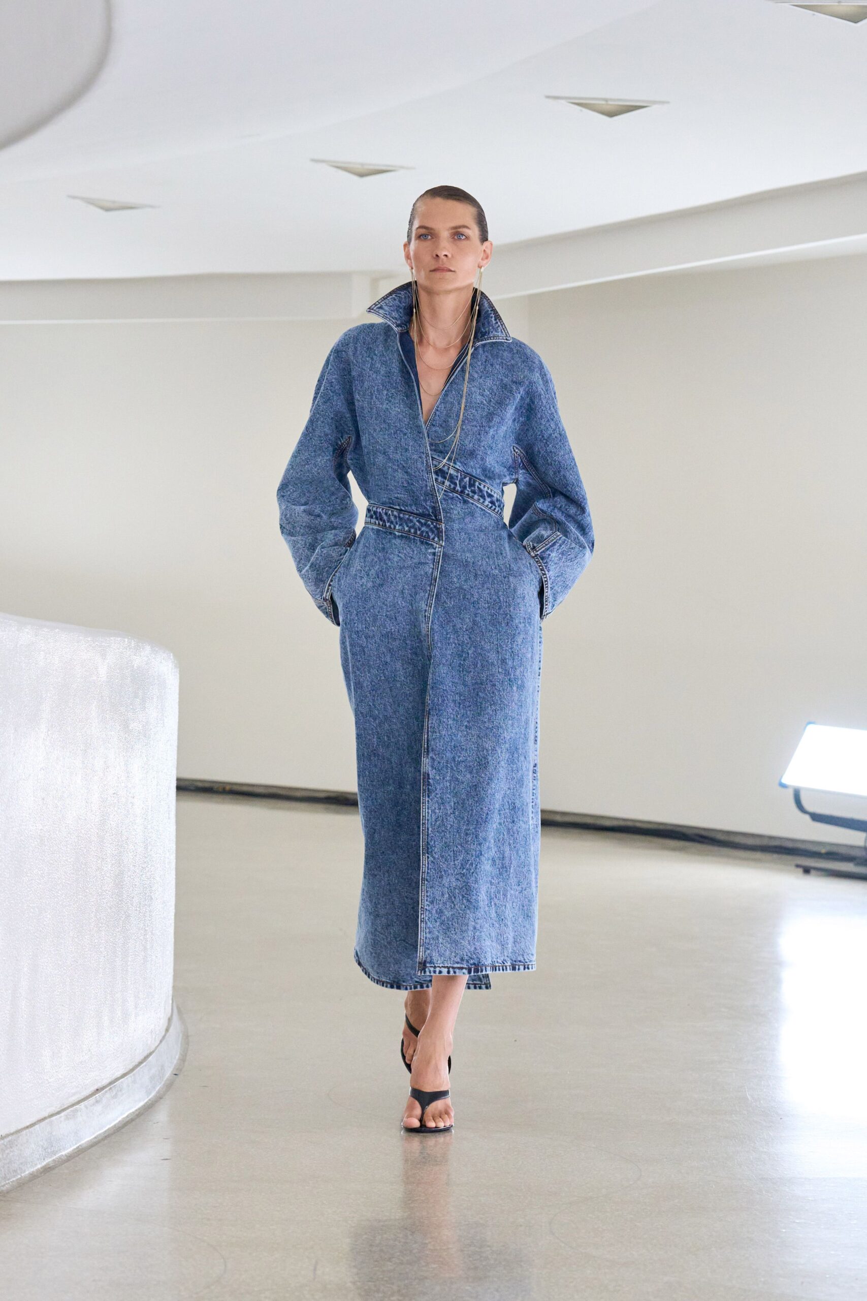 blue denim long-sleeve collared fitted belted maxi dress