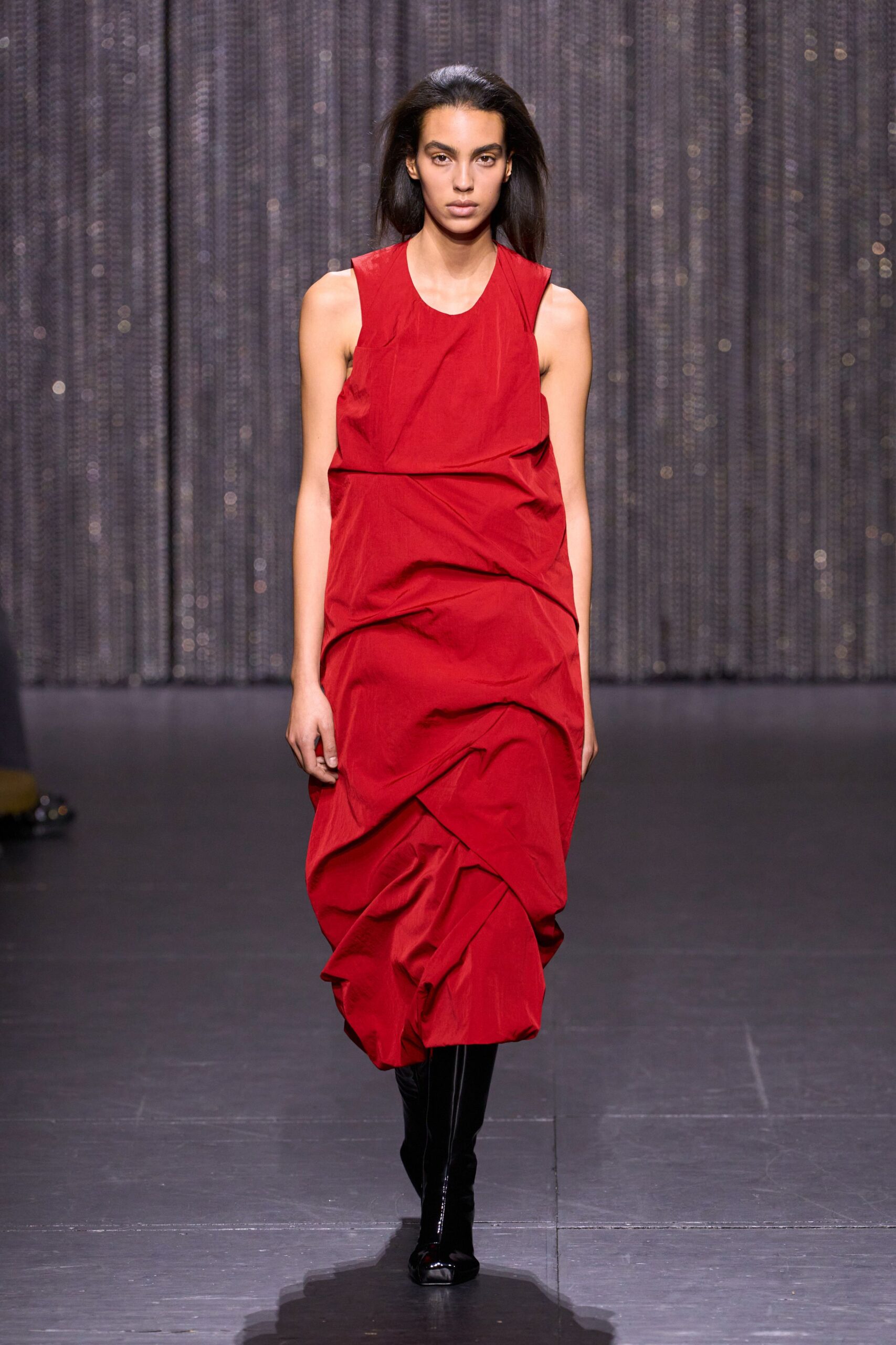 red cotton sleeveless relaxed draped midi dress