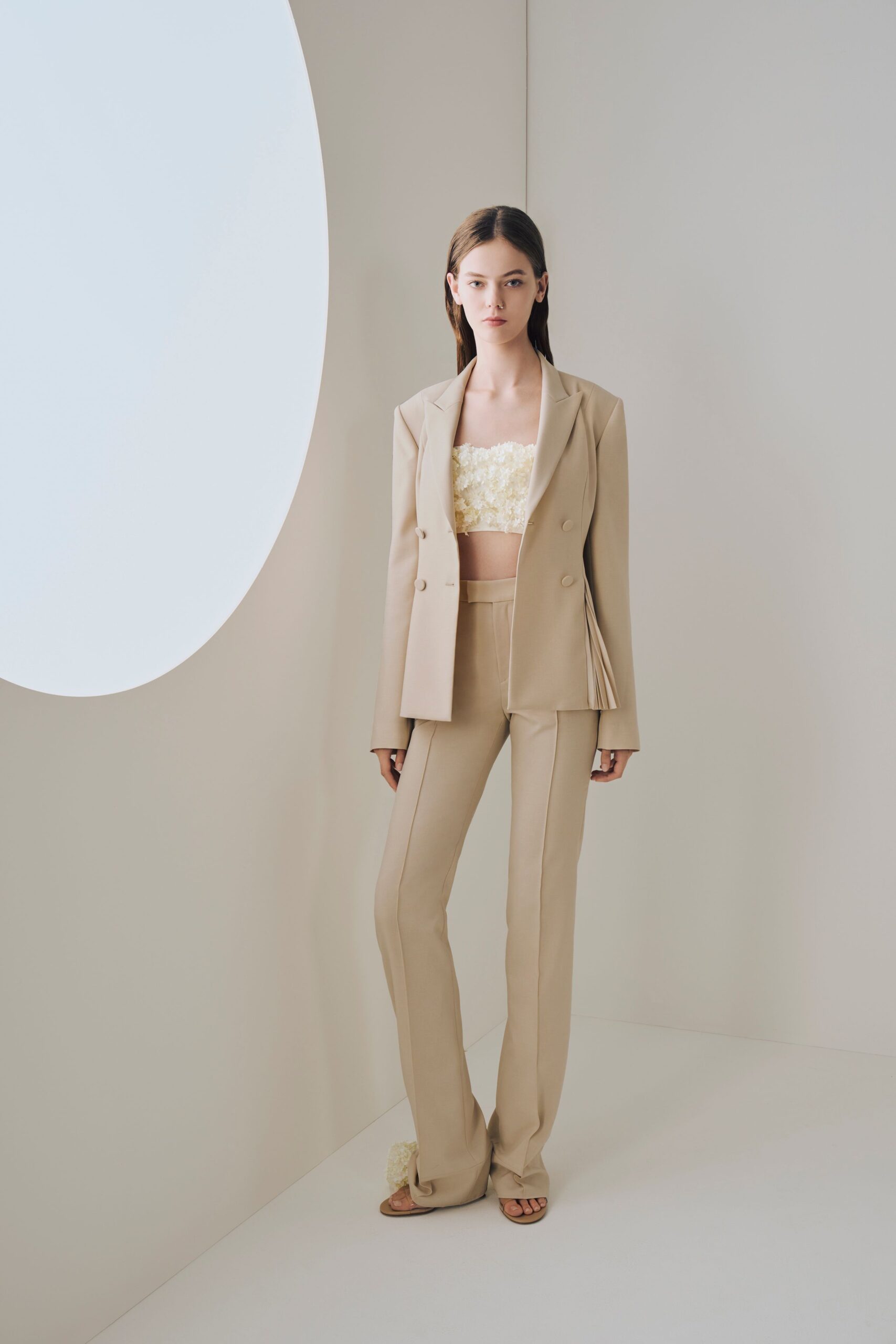 beige tailored blazer and crop-top
