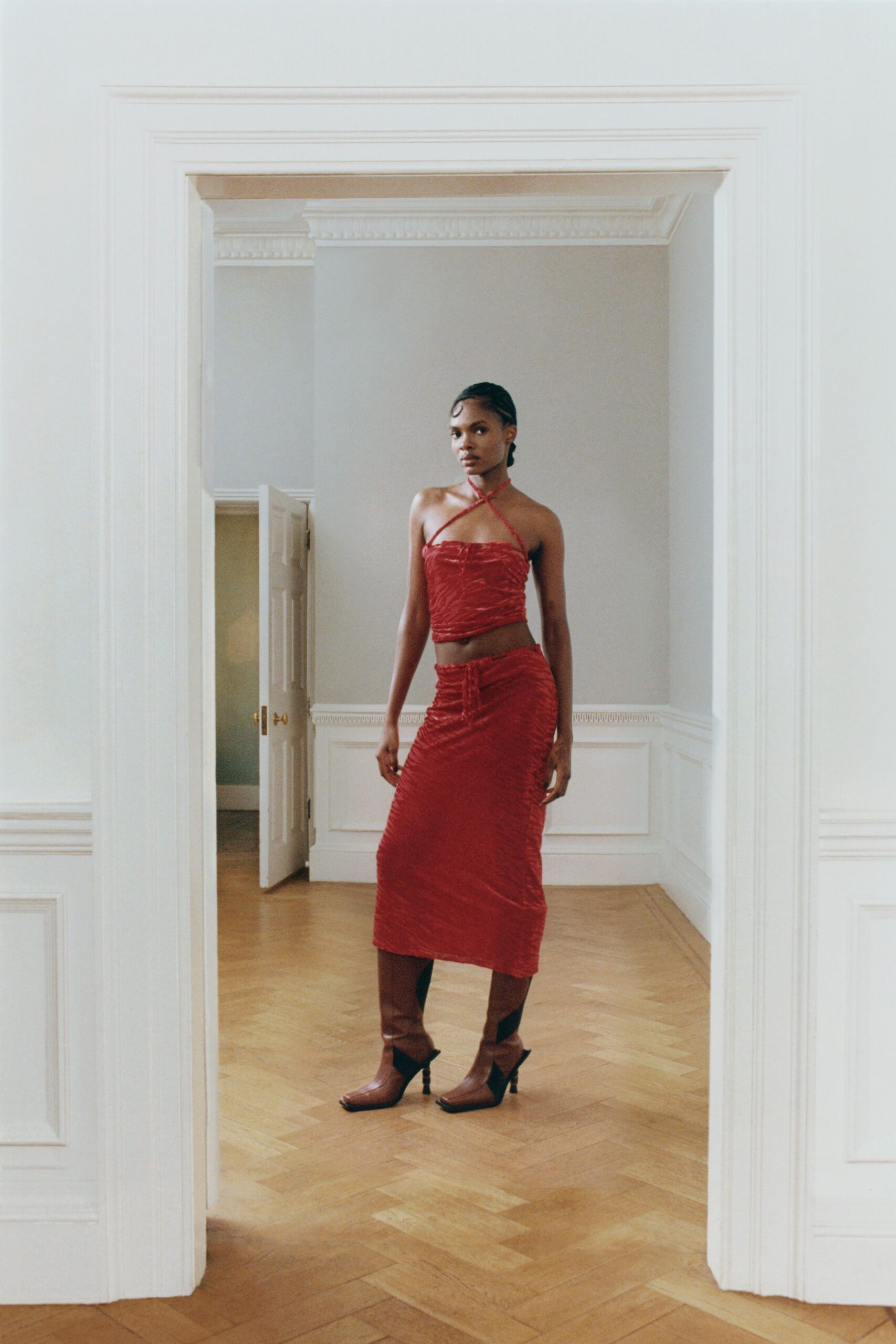 red silk fitted ruched midi skirt